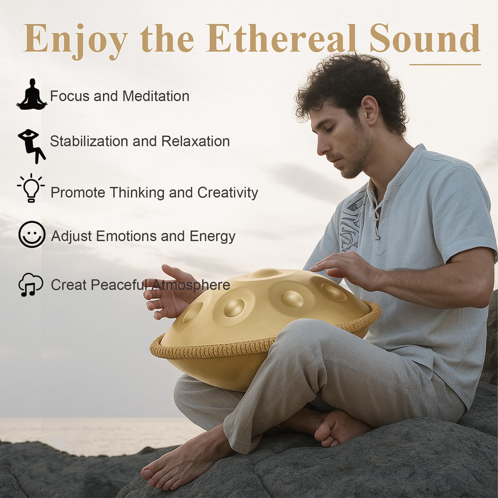 12 Töne Handpan Instrument, 22 Zoll Gold Hand Pan Drum Steel Tongue Drum Zungentrommel für Yoga, Meditation mit Handtaschen Trommelstöcken, Trommelständer, Lappen (440HZ)