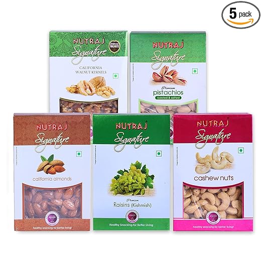 Nutraj Signature Premium Daily Needs Fresh and Healthy Mixed Dry Fruits Combo of Almonds (Badam), Cashews(Kaju), Raisins(Kishmish), Pistachios(Pista) & Walnut Halves Kernels (Akhroth)1 Kg Pack (200g Each x5)
