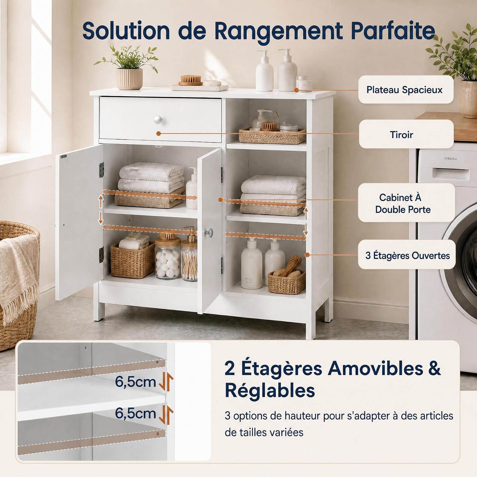 LIFEZEAL Meuble Salle de Bain Rangement avec Etagère Réglable, Armoire de Rangement sur Pied avec Tiroir et 3 Compartiments, Meuble de Rangement en Bois, 75 x 30 x 80 cm (Blanc)