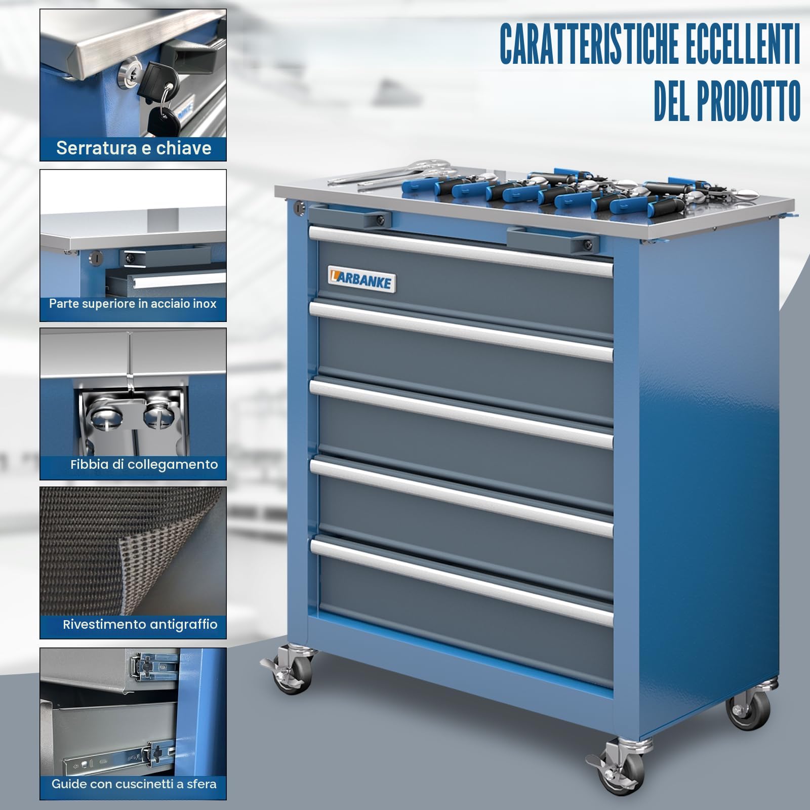 LARBANKE Carrello Portautensili con 5 Cassetti, Porta Attrezzi Officina con Ruote,armadietto per attrezzi con sistema di bloccaggio, Carrello da officina con parte superiore in acciaio inossidabile