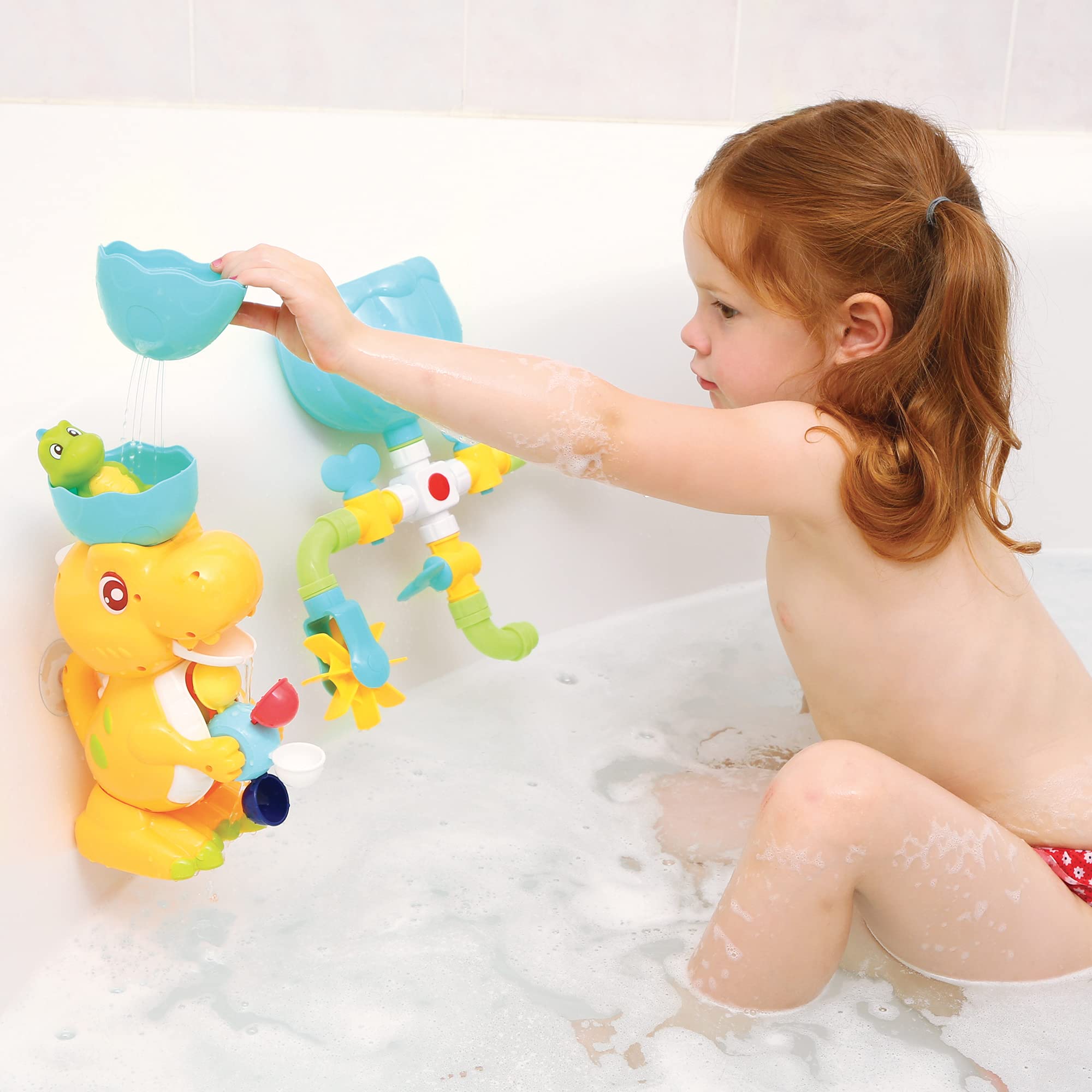 LUDI - Coffret de Bain Dino - 1 Circuit d’Eau à Construire, 1 Grand Dinosaure, 1 Bébé Dino Aspergeur - Jouet de Bain pour Bébé à Ventouser - Modulable, Evolutif et Éducatif - À Partir de 18 Mois