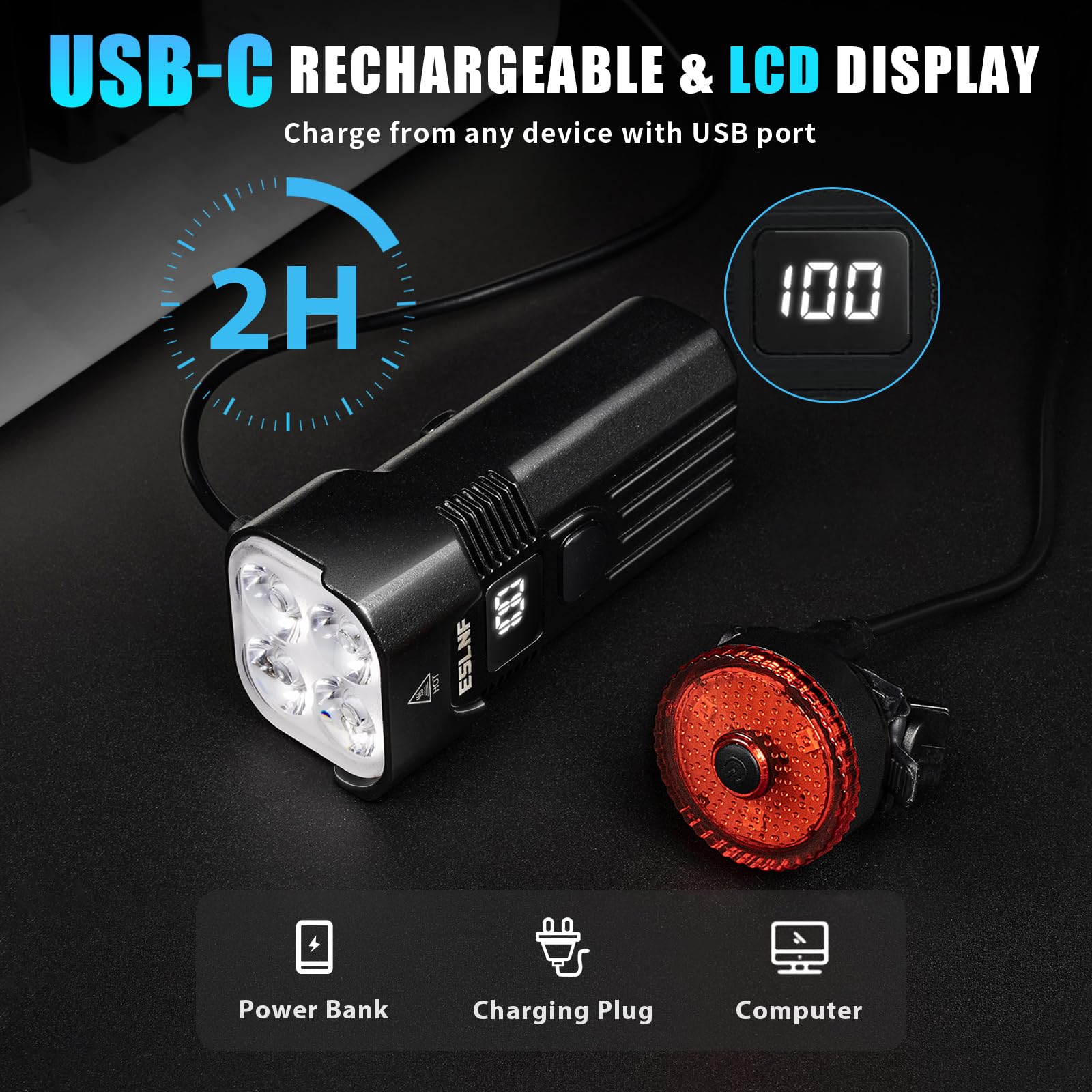 Luci per bici luminose, 2000 lumen, luci per bici per guida notturna, robusta luce per bicicletta in lega di alluminio, impermeabile IP65 e faro ricaricabile tramite USB