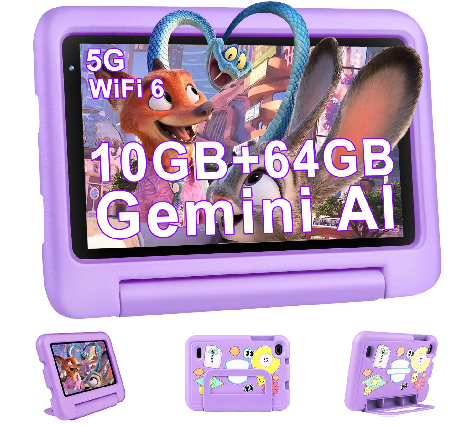 Tablette Enfants 7 Pouces Android AI Tablette avec 10GB RAM+64GB ROM(TF 1TB), Octa-Core|5G+2.4G WiFi 6 | Contrôle Parental | Dual Cameras | Bluetooth 5.0 | iWAWA Tablettes avec EVA Cas-Violet