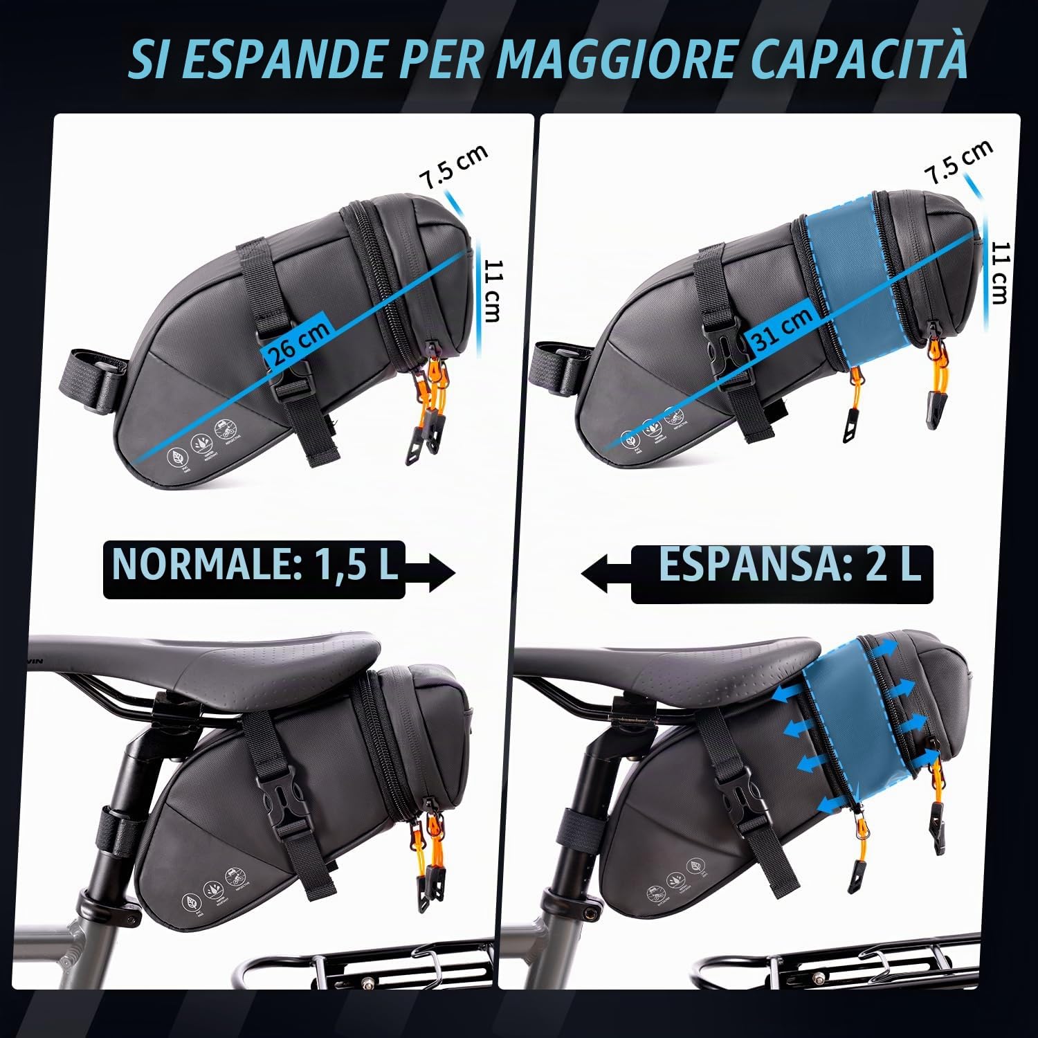 WOTOW Borsa Da Sella Per Bicicletta, borsa da sella per bicicletta impermeabile Accessori per ciclismo Pacchetto a cuneo con striscia riflettente