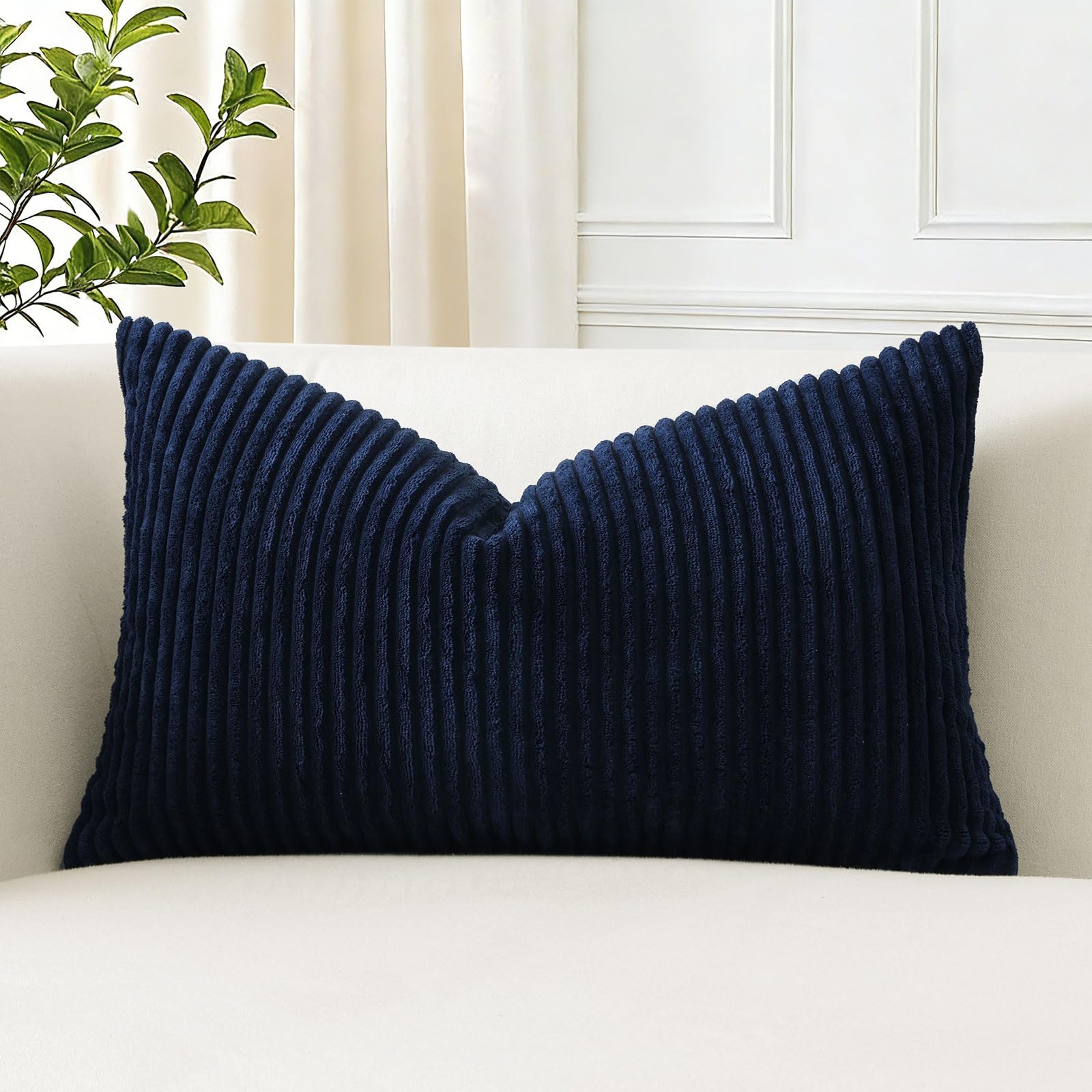 JOTOM Set of 1 Corduroy Cushion Covers 30x50 cm Soft Striped Boho Decorative Throw Pillow Covers Cushion Case Couch Pillowcases for Sofa Bedroom Home Decor 12x20 Inch (Navy Blue) — image 1