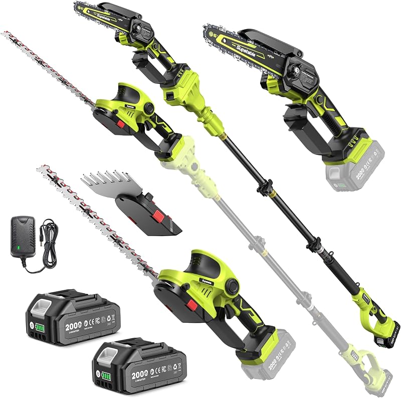 Sierra de pértiga y cortasetos inalámbricos 6 en 1, mini motosierra Cortasetos inalámbrico/eléctrico con poste de extensión, alcance de 15 pies, podadora de árboles extensible, cortador de ramas de arbustos, tijeras de césped