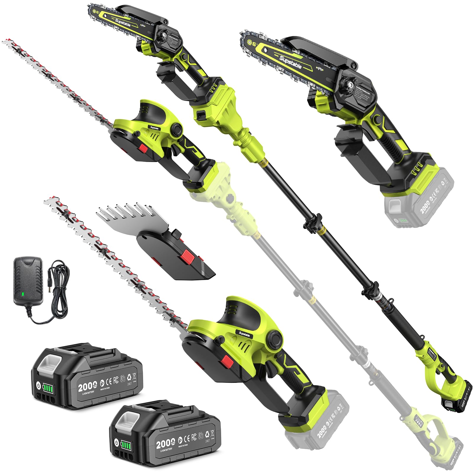 Supstable Cordless Pole Saw & Hedge Trimmer 6-in-1, Mini Chainsaw Cordless/Electric Hedge Trimmer with Extension Pole, 15Ft Reach, Extendable Tree Pruner, Bush Trimmer Limb Branch Cutter, Grass Shears