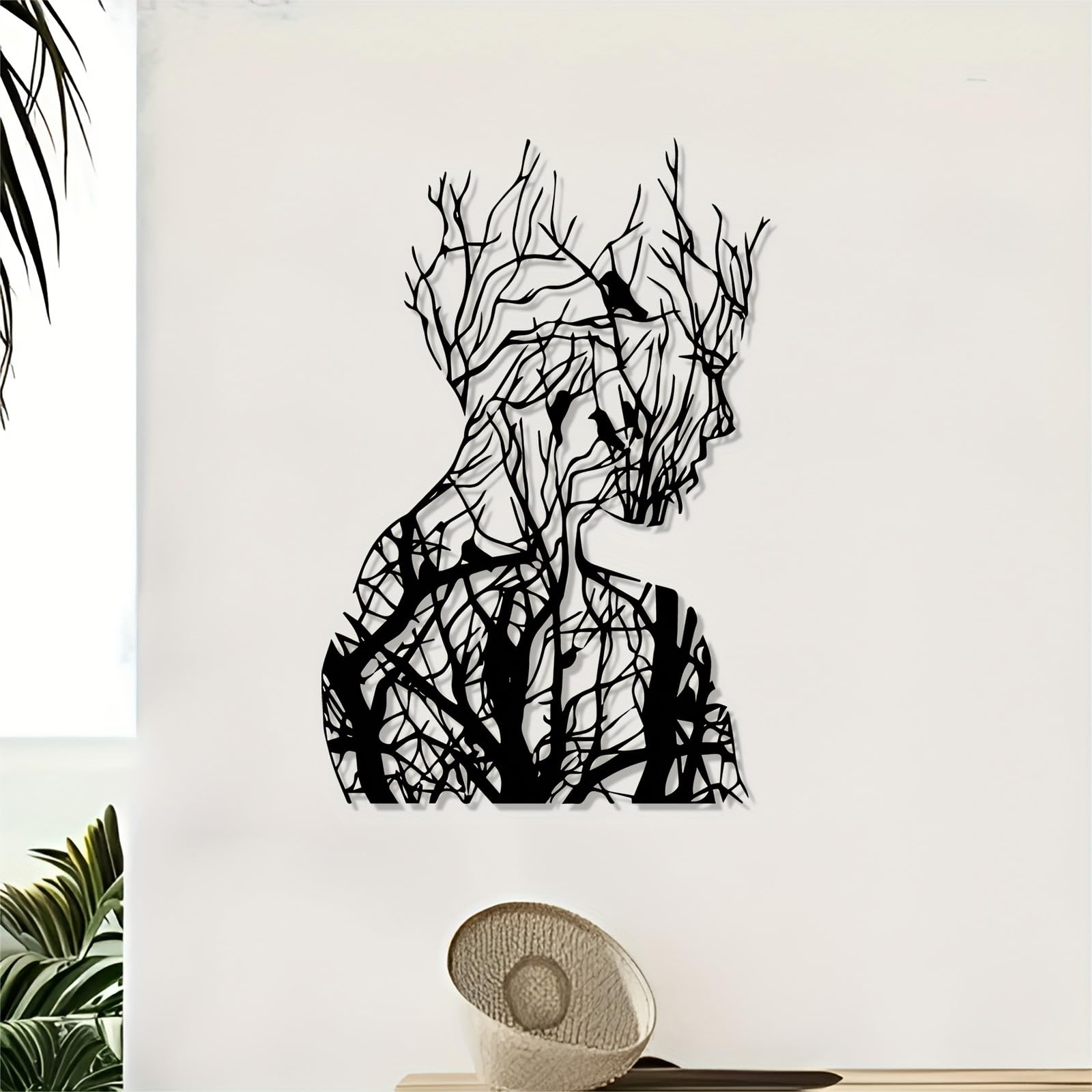 Decoración de pared abstracta contemporánea de metal con rostro humano: escultura moderna de hierro con intrincado diseño de ramas y hojas, para interiores y exteriores, ideal para jardín, patio,