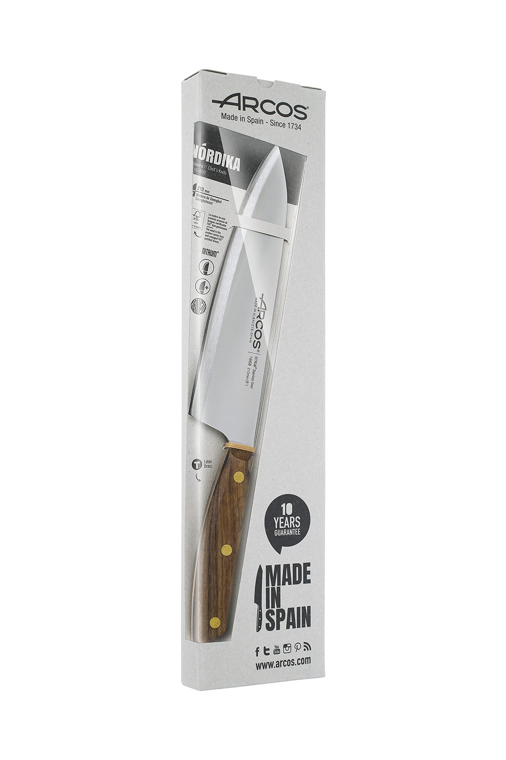 Arcos Couteau de Chefen Acier Inoxydable. Couteau de Cuisine Professionnel pour la Cuisson. Manche en Bois d'Ovengkol 100% Naturel FSC et Lame de 210 mm. Série Nordika. Couleur Marron.
