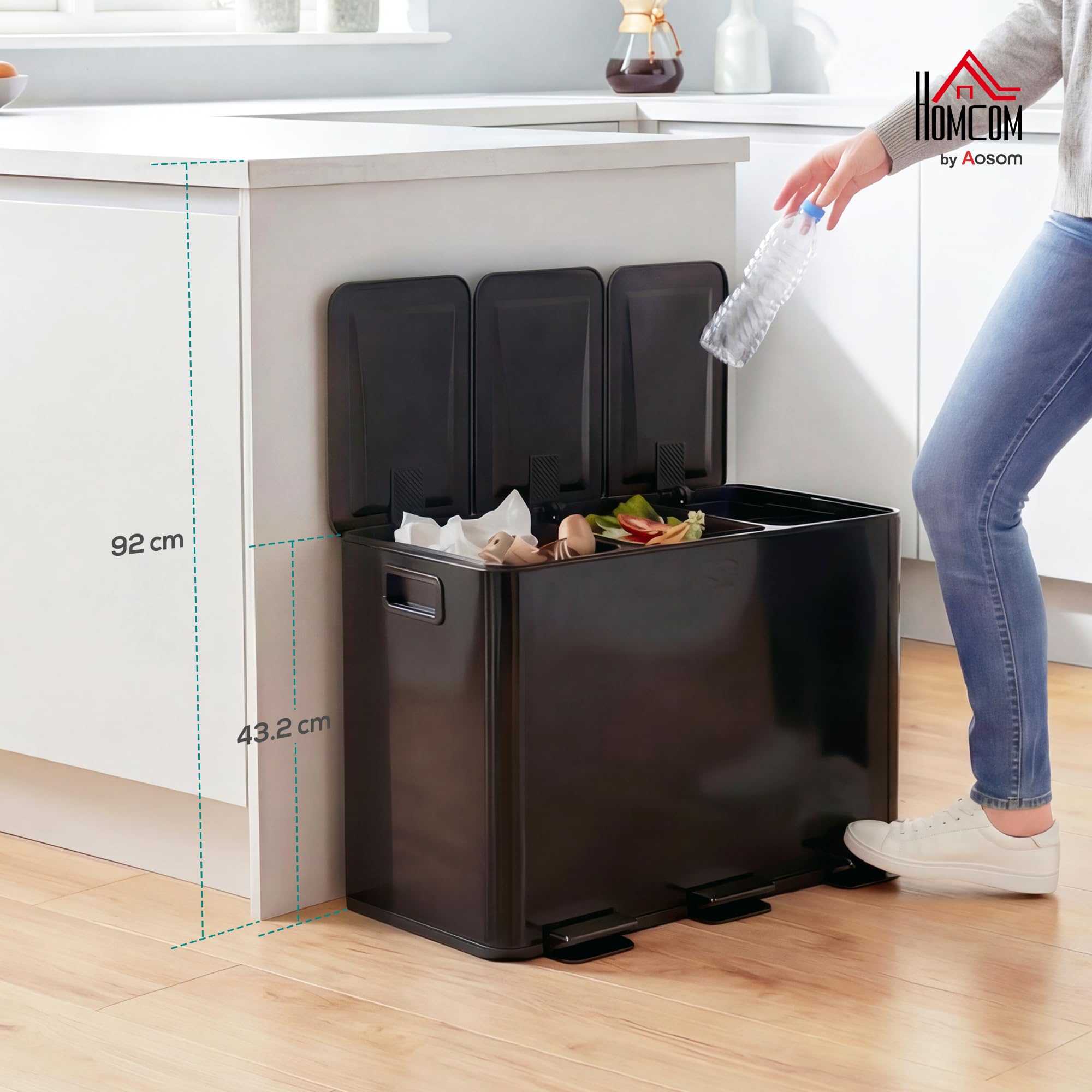 HOMCOM Poubelle cuisine 3 x 15L acier inoxydable tri sélectif 3 compartiments pédale
