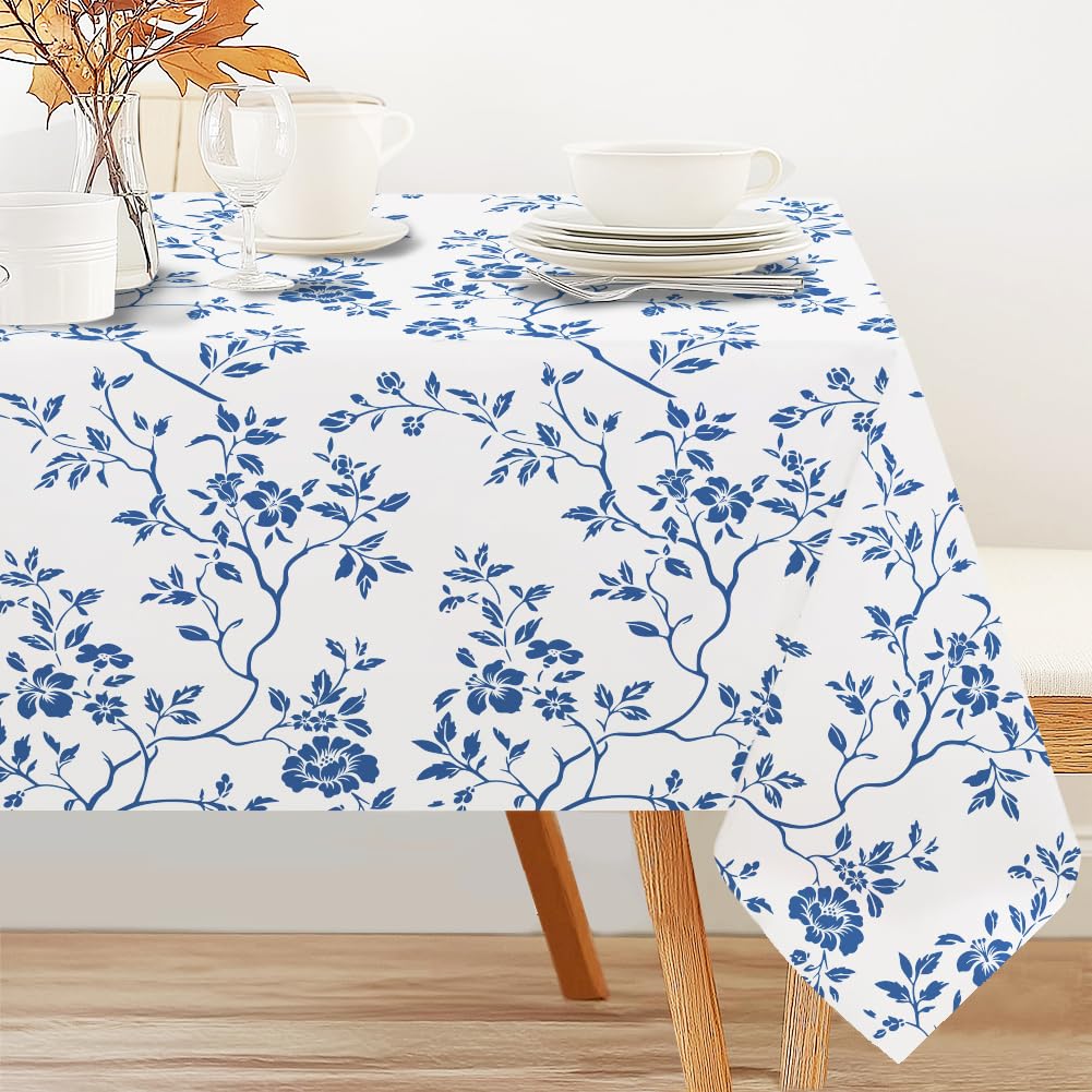 INFUNLY Blue Flower Tablecloth 60x90 Inch Floral Leaf Table Cloth Vintage Country Table Cover Minimalist Plant Table Cloth French Romance Tablecloth for Picnic Wedding Birthday Tea Party Decor
