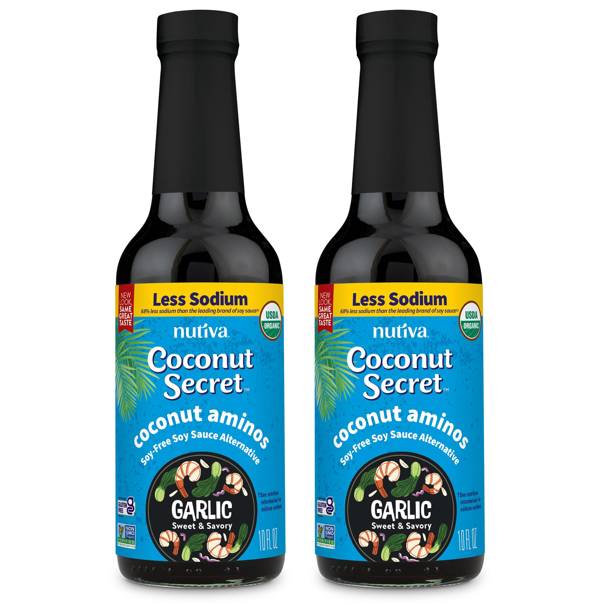 COCONUT SECRET Aminos Garlic Low Sodium & Glycemic, Gluten & Soy Free Seasoning Sauce, Organic, Vegan, Non-GMO, Brown, 20 Fl Oz, Pack of 2USDA Organic