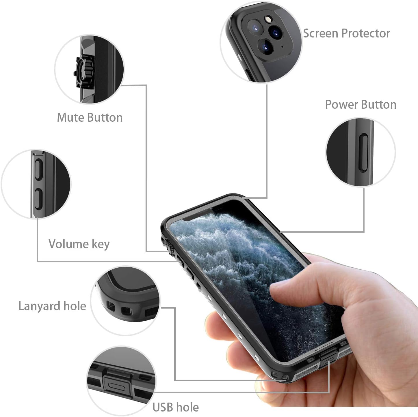 iPhone 11 Pro Max Waterproof Rugged Case - Slim Design with Built-in Screen Protector, Shockproof, 6.5" (Black&Gray) - Image 4