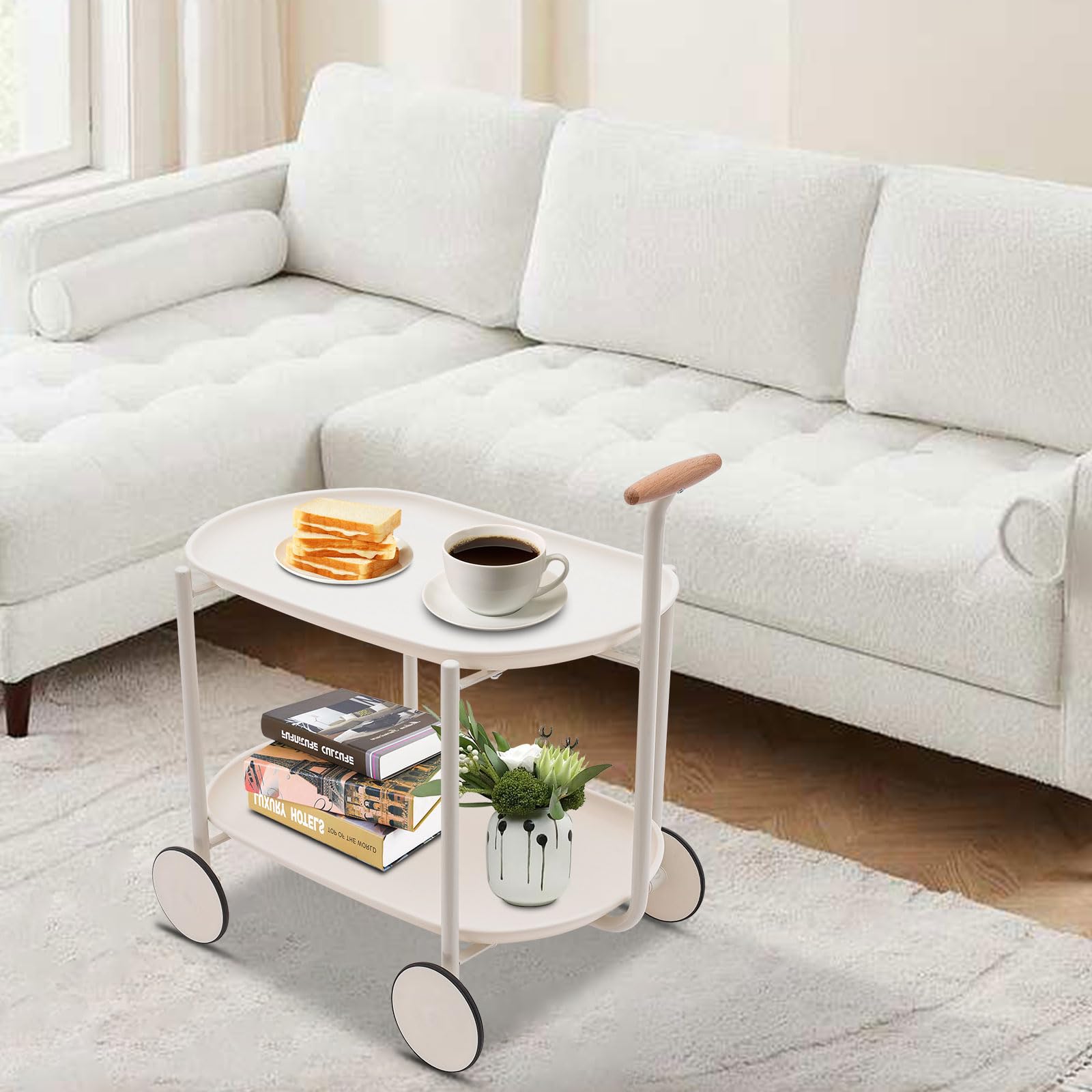 Carrello da servizio, carrello da cucina, multifunzione, in ABS, con ruote, manico e 2 ripiani, 63 x 42 x 64,5 cm (bianco)