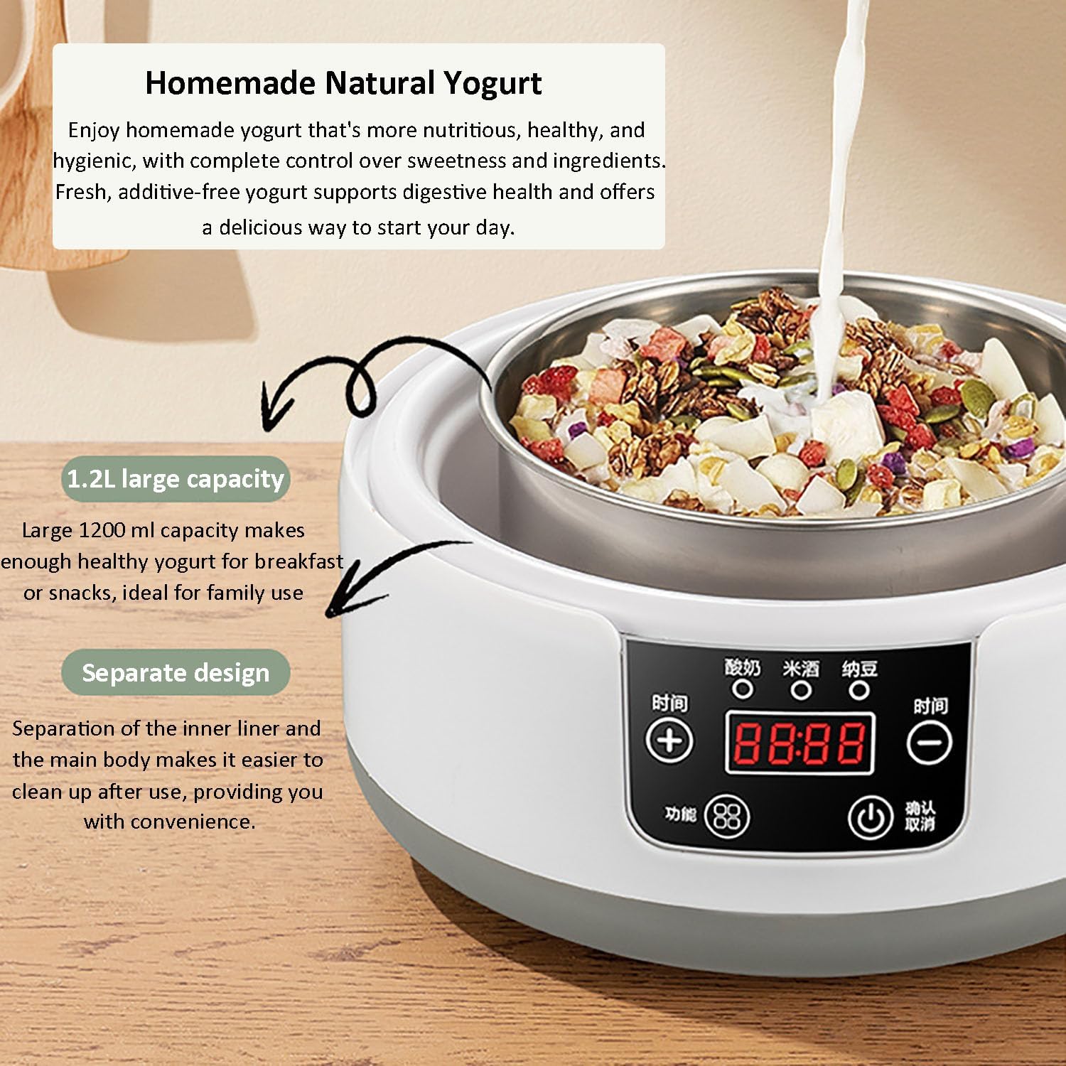 Macchina per Yogurt Automatica, Macchina per Yogurt da 1200 ml con Display LCD, barattoli di Vetro da 5 Pezzi, Controllo della Temperatura e del Tempo Regolabili, Facile Pulizia, per Vino