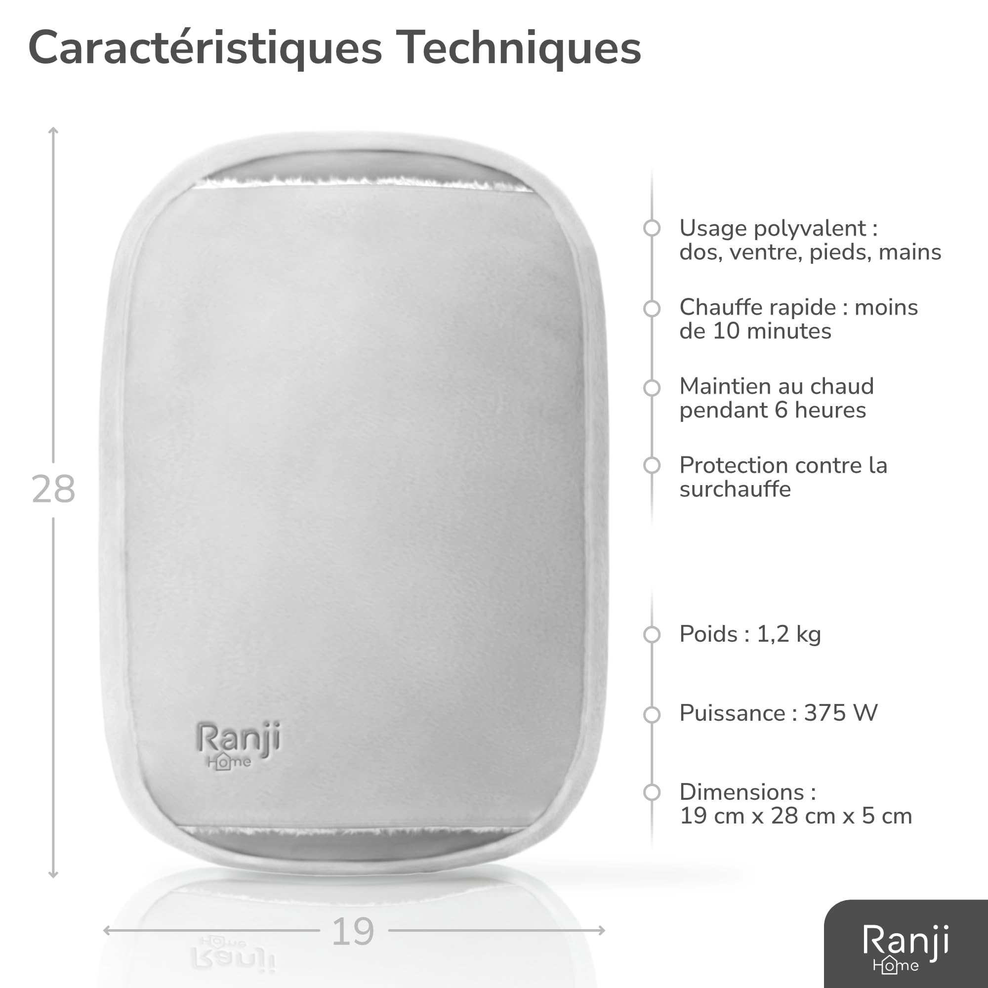 RANJI® Bouillotte Électrique Chauffante - Tissu Doux et Confortable, Protection Surchauffe, Chaleur Longue Durée, Soulage Douleurs Musculaires, Ventre, Mains et Pieds (Bouillote)