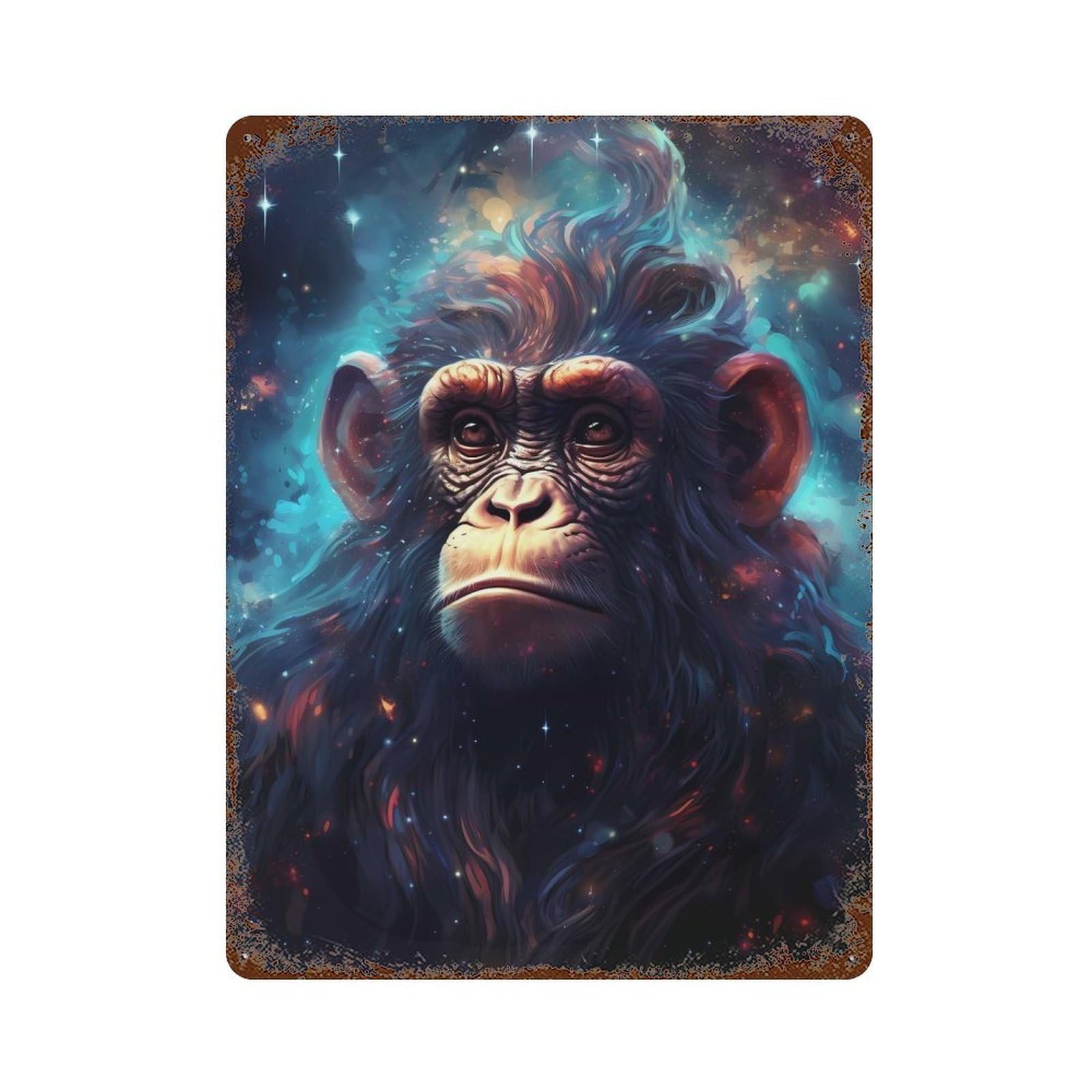 Cosmic Starry Monkey Vintage Wall Sign 15.7"x11.8", Rust Effect Metal Decor for Living Room, Hallway And Home Decor