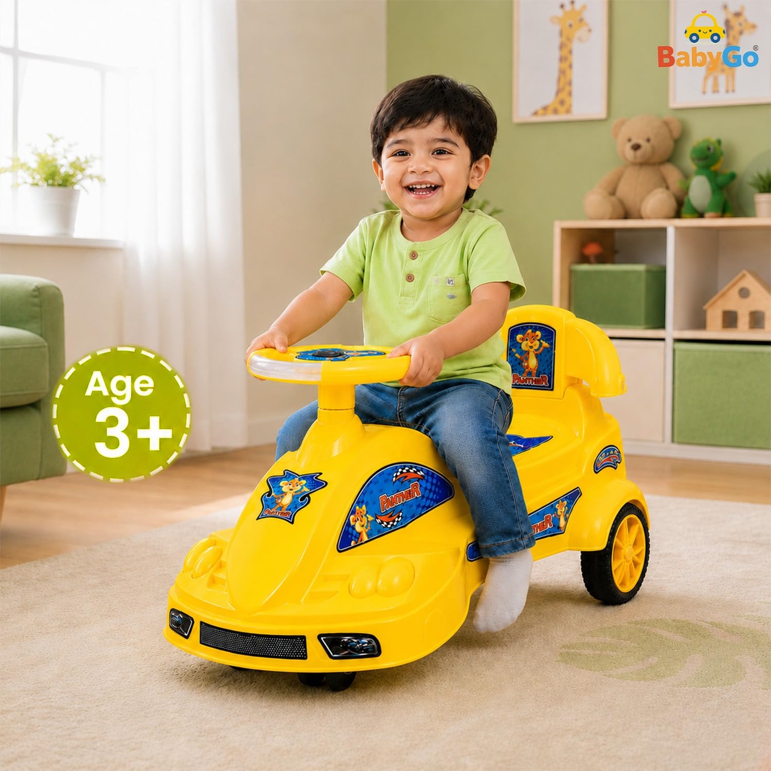 BabyGo Baby Panther Swing Magic Car Ride On Toy for Kids with Comfortable Seat & Durable Wheels | Push Ride On Twister Swing Car | Indoor Outdoor Fun Ride On Car for Boys & Girls Age 2+ (Yellow)