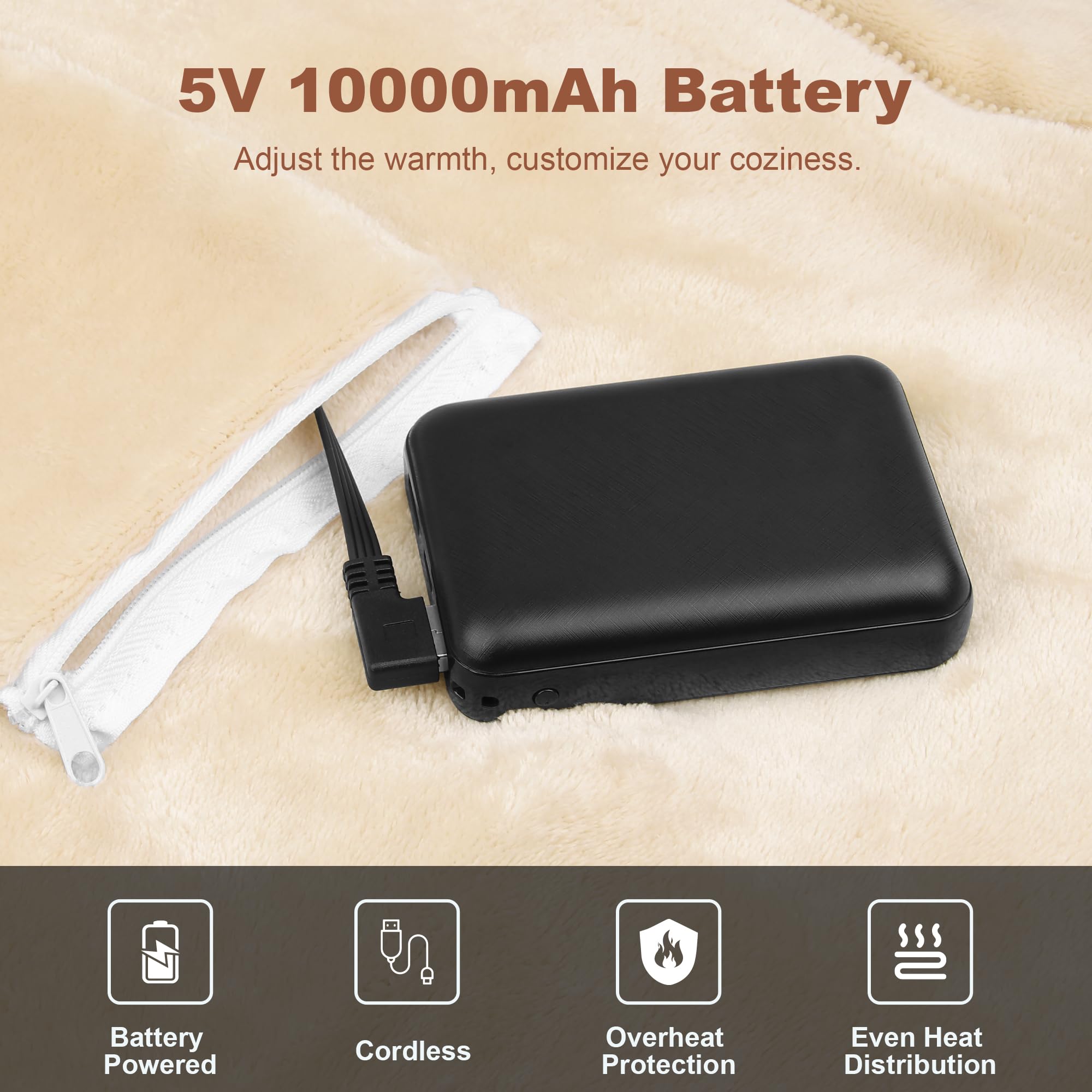 Heizdecke Kabellos mit 10000mAh Akku, 160x90cm Elektrische Flanell Wärmedecke Tragbar für Damen & Herren, 3-Stufen-Heizung, Waschbar für Zuhause, Büro, Camping, Khaki