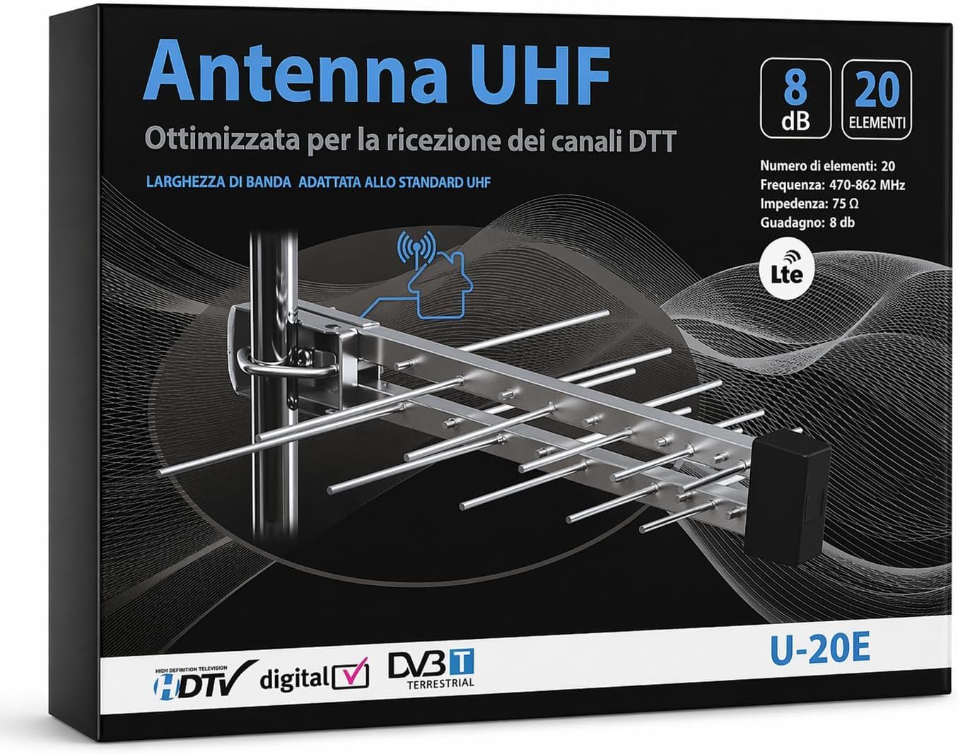 Kit antenna TV DVB-T2 completo di 2 Antenne UHF 20 elementi, Amplificatore da palo con filtro LTE e 5G e alimentatore 12V a 2 uscite Ricezione UHF