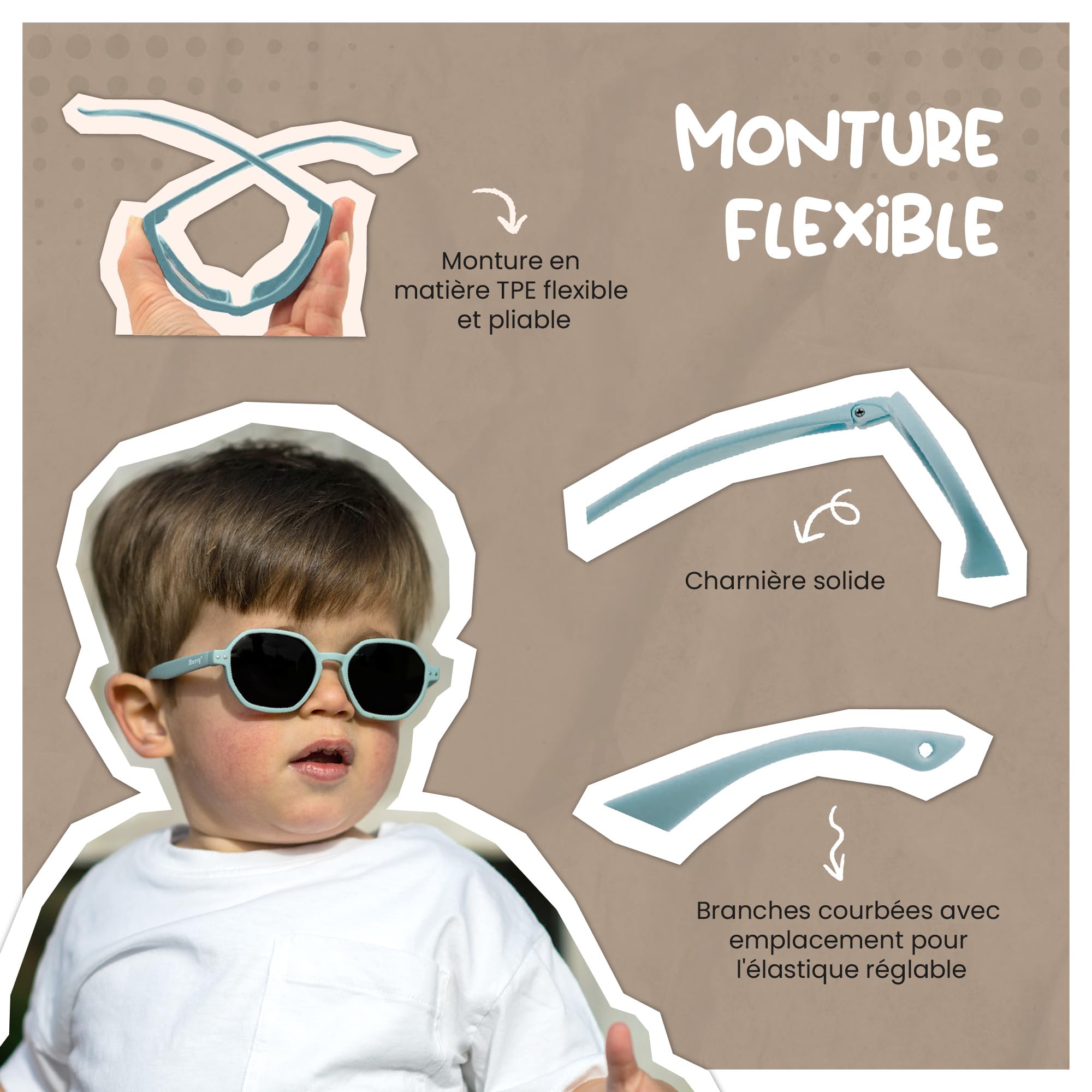 Lunettes de Soleil Bébé et Tout-Petit - 1-3 Ans - Protection UV400 Polarisée - Cadre Flexible et Pliable - Bande Élastique Réglable - Lunettes de Soleil Sûres et Confortables - Yana