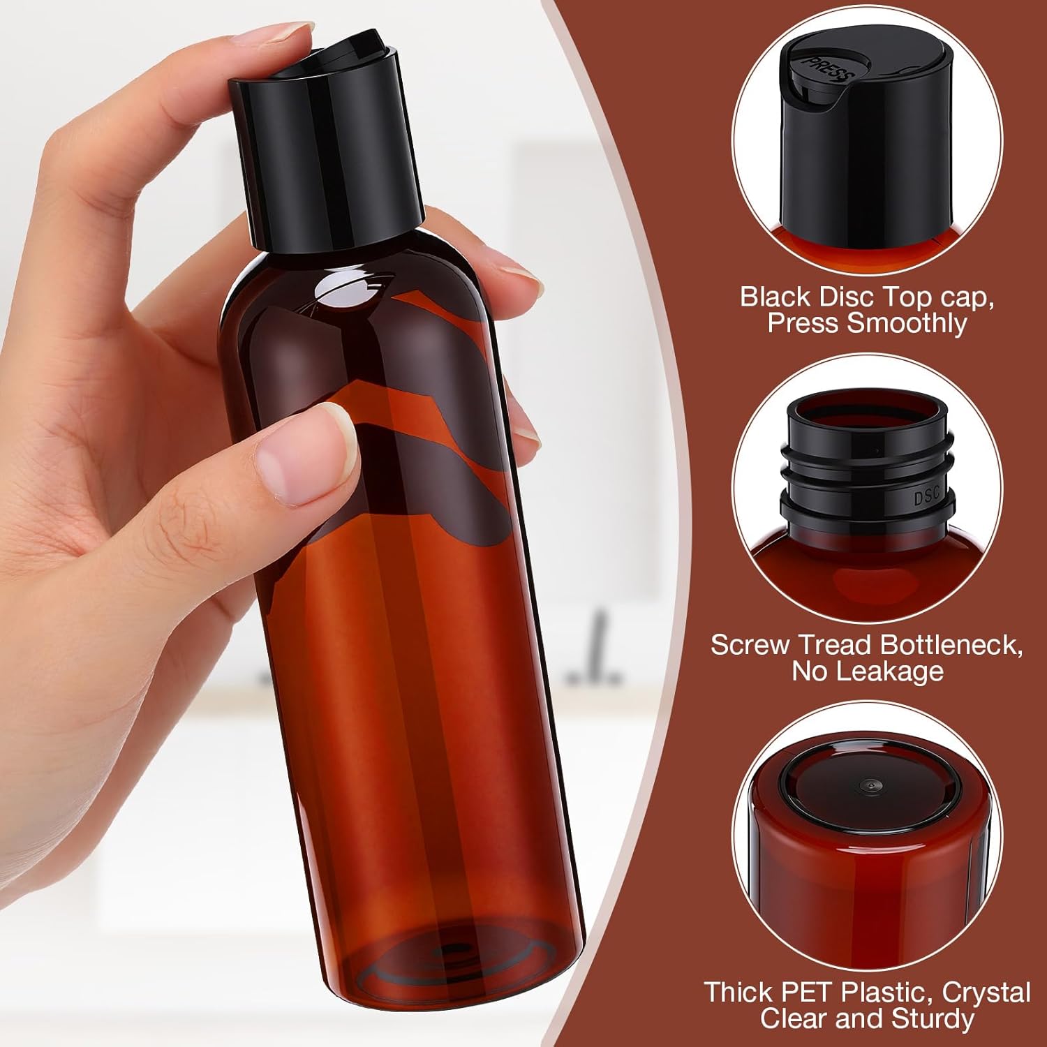 Mimorou 30 Pack Amber Empty Bottles Plastic Squeeze Bottles with Disc Top Flip Cap Small Empty Travel Squeeze Bottle for Lotions Liquid Body Soap Conditioner Creams(5.1 oz)
