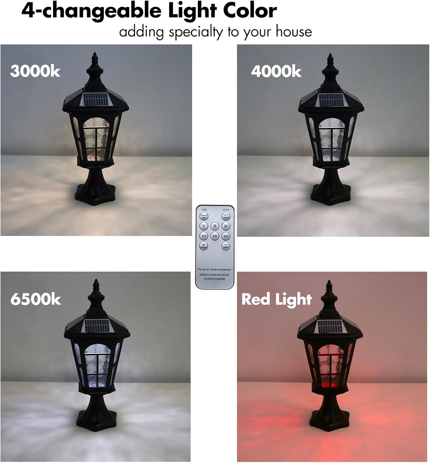HOLKIRT Solar Post Light Outdoor Solar Cap Light Exterior 4-Color LED Wireless Post Lantern with Romote, IP54 Waterproof Pier Outdoor Light Wire-Free for Porch Fence Garden Courtyard