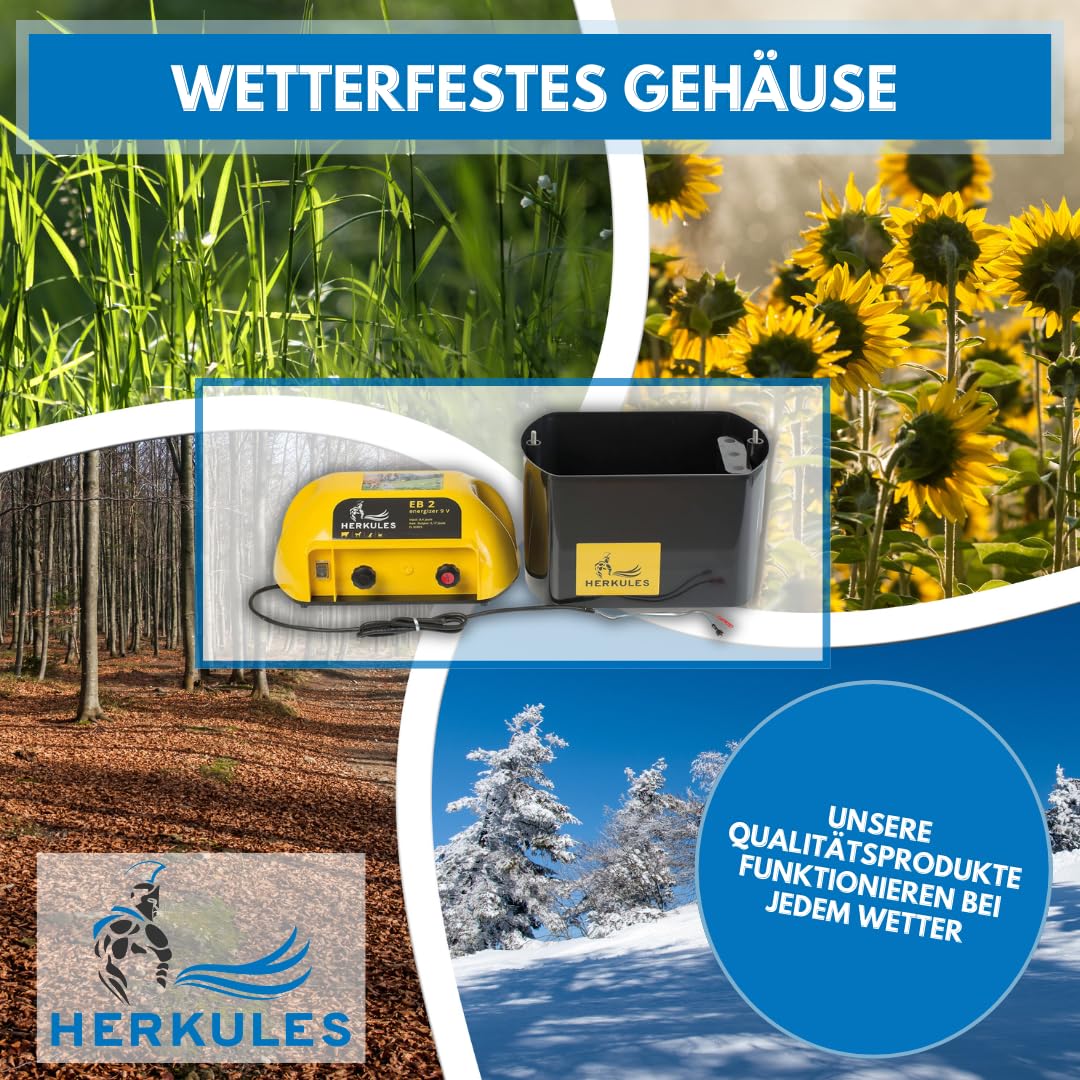 Herkules Weidezaungerät EB 2 - 9V Batteriegerät für mobile Weidezäune - Elektrozaungerät für bis zu 3,5 km Zaun - Weidegerät mit 5600 V Leistung - Batterie Weidezaun Gerät aus Europa