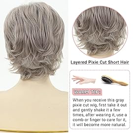 TISHINING Pixie Cut Short Ombre Gray Curly Wigs for White Women Fluffy Layered Mixed Grey Wig with Bangs Natural Looking Synthetic Daily Party Wig