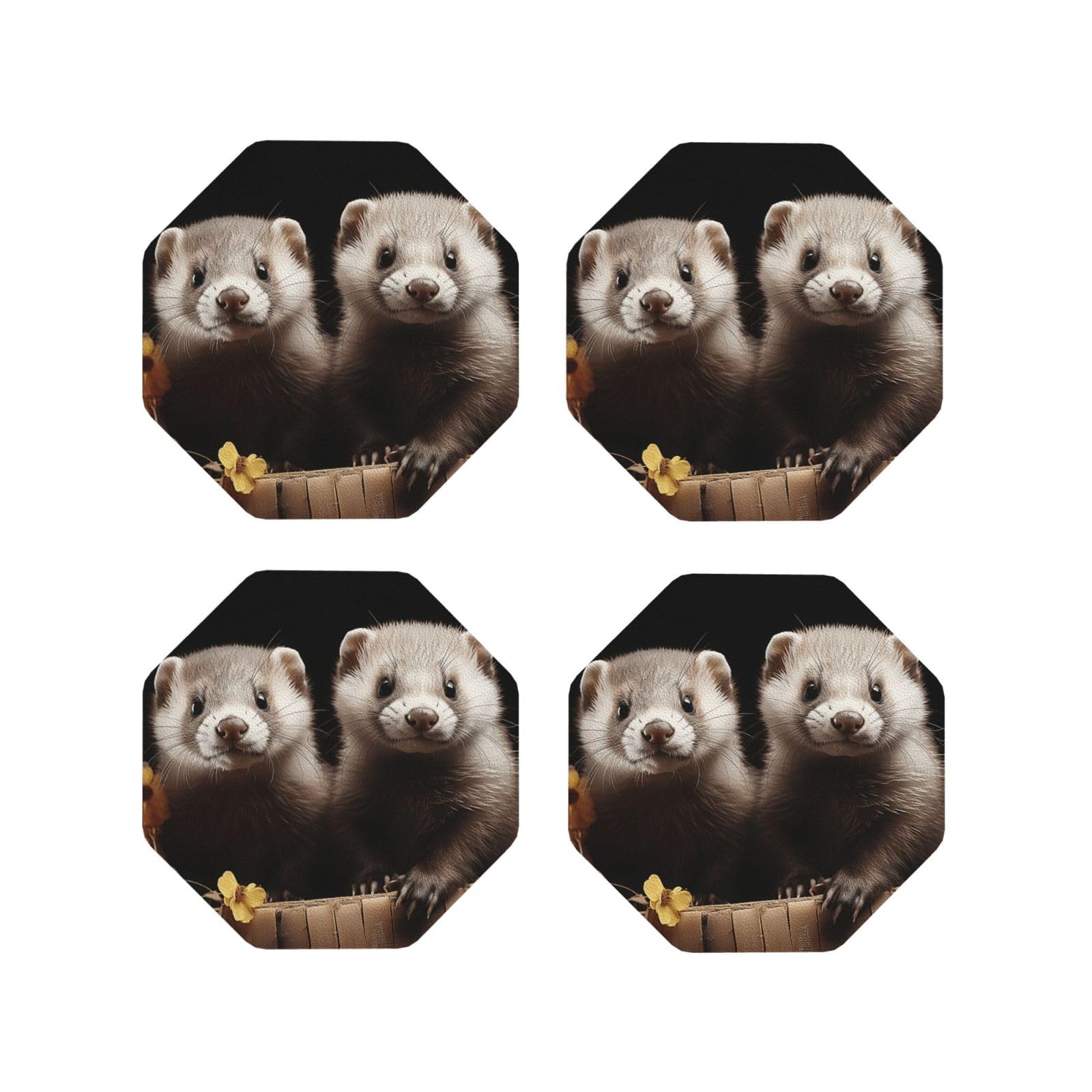 4pcs Drink Coasters for Tabletop Protection, 4" Leather Coasters for Drinks, Ferrets Cup Coasters for Coffee Table Decor, Non-Slip Drinking Cup Mat for Hot Or Cold Drink