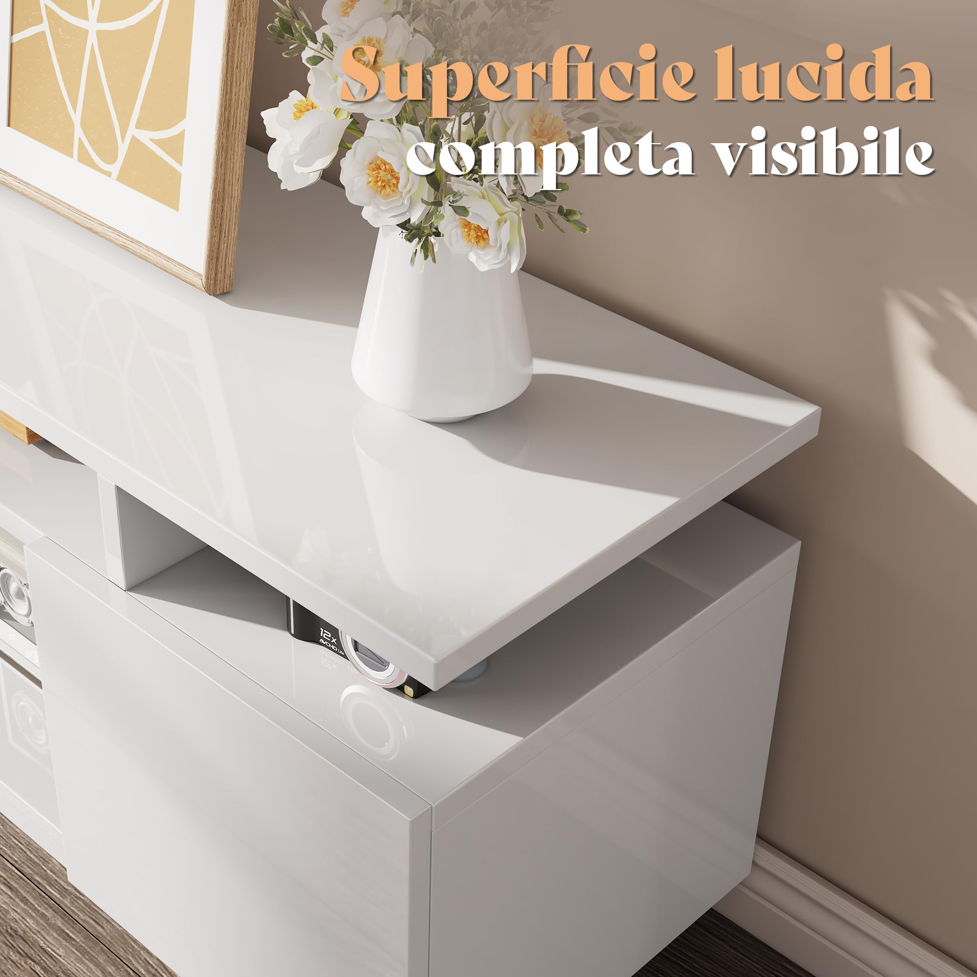 LUXOAK TV-Schrank mit LED Beleuchtung, für Fernseher bis 75 Zoll, Hochglanz TV Board mit großem Stauraum, 2 Türen & Glasablage, Fernsehtisch für Wohnzimmer Schlafzimmer, Weiß