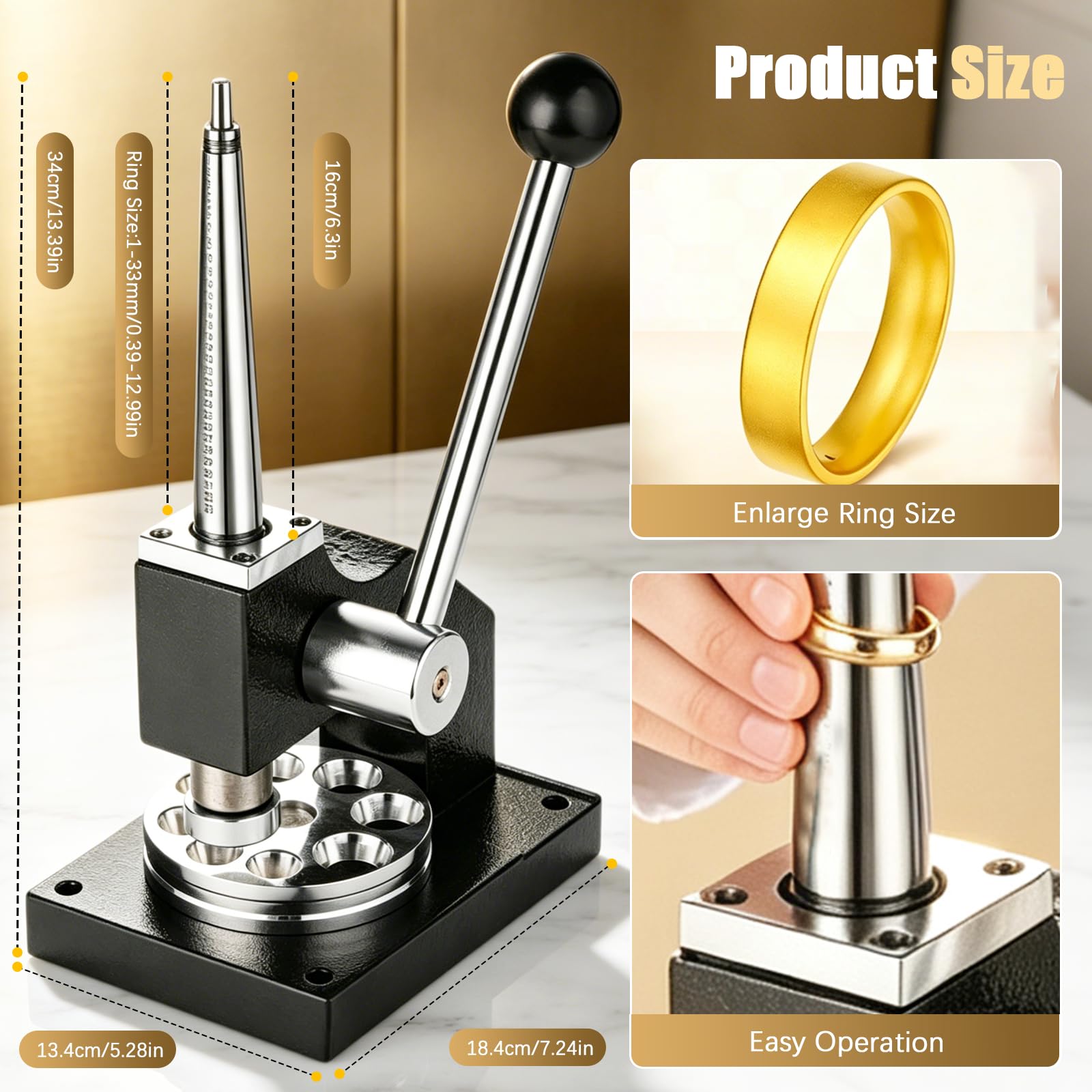Ajustador de Anillos, Ensanchador y Reductor de Anillos Manual con Escalas | Ajustador de Talla para Anillos Profesional con Mandril de Palanca Vertical para Orfebres Joyeros y Talleres de Reparación