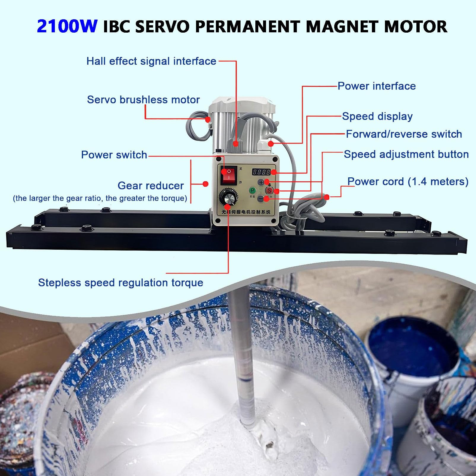 Agitador eléctrico para contenedor IBC de 1000 L, agitador para IBC B | 2100 W, velocidad ajustable de 200 a 3000 rpm, material de acero inoxidable, para viscosidad de material de 1 a 4000 cP