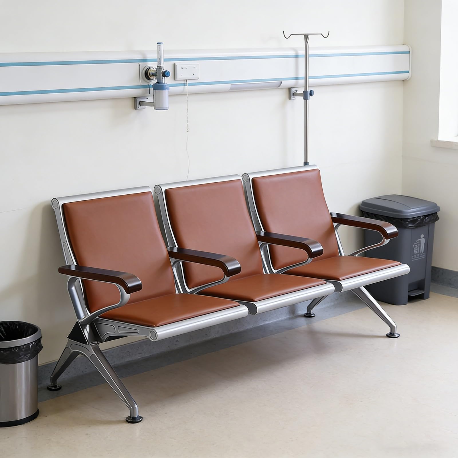 Gtzly Wartezimmerstühle mit Infusionsständer, Sitzbank- & Wartebank mit Armlehnen, Bequemes Polster-Sitz für Wartezimmer, Belastbarkeit 300kg(Brown,120 * 65 * 91cm/47 * 27 * 36in)
