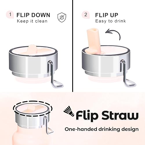 Miniatura 6 de Botella de agua delgada aislada de 24 onzas con popote abatible y asa, botellas de agua de acero inoxidable, se adapta a portavasos de automóvil,