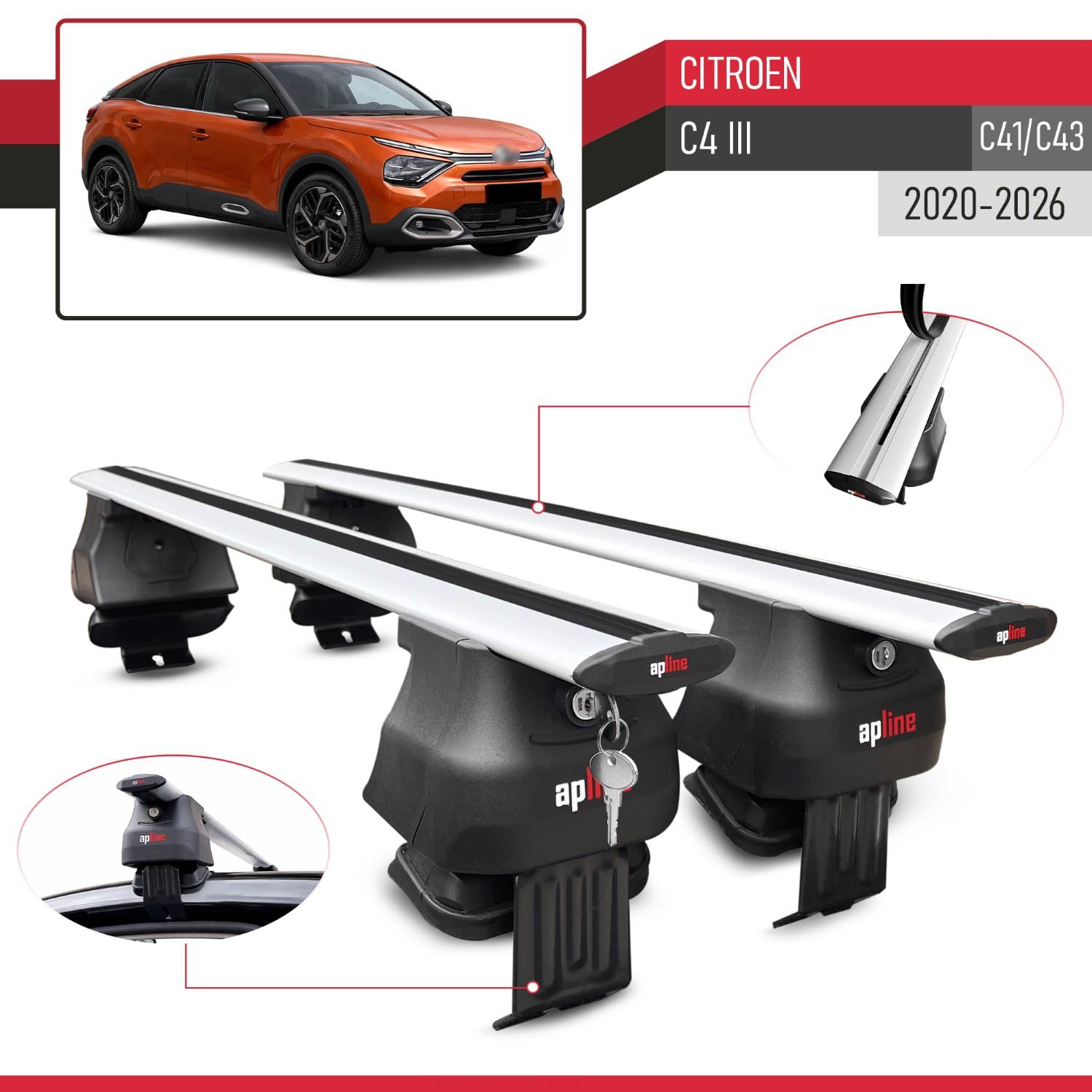 Compatible con Citroen C4 2020-2023 Portaequipajes para techo ACE-4 Pack de portaequipajes para techo Gris