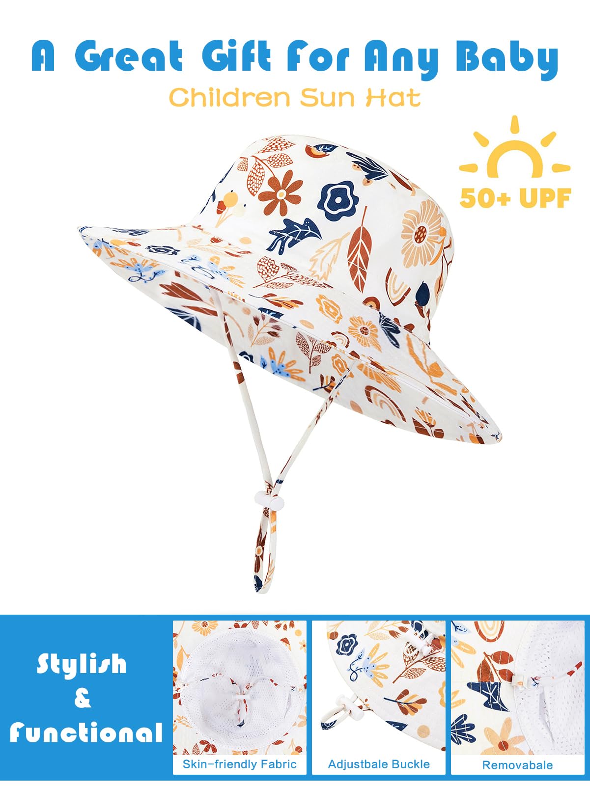 BIKINX Sombrero de sol para bebé con visera ancha, protección solar UPF 50+, para niños y niñas