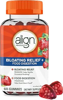 Align Probiotic Gummies for Bloating Relief & Digestion Support - Strawberry Flavored with Vitamin B12, 60 Count