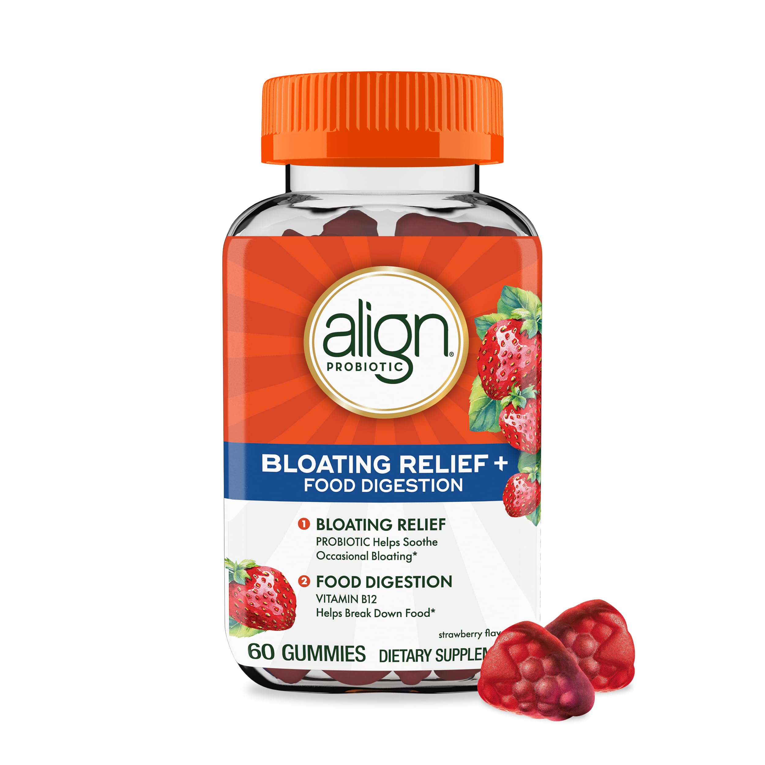 Align Probiotic, Bloating Relief + Food Digestion, Probiotics for Women and Men, Probiotic Helps Soothe Occasional Bloating*, With Vitamin B12 to Help Break Down Food into Cellular Energy*,60 Gummies