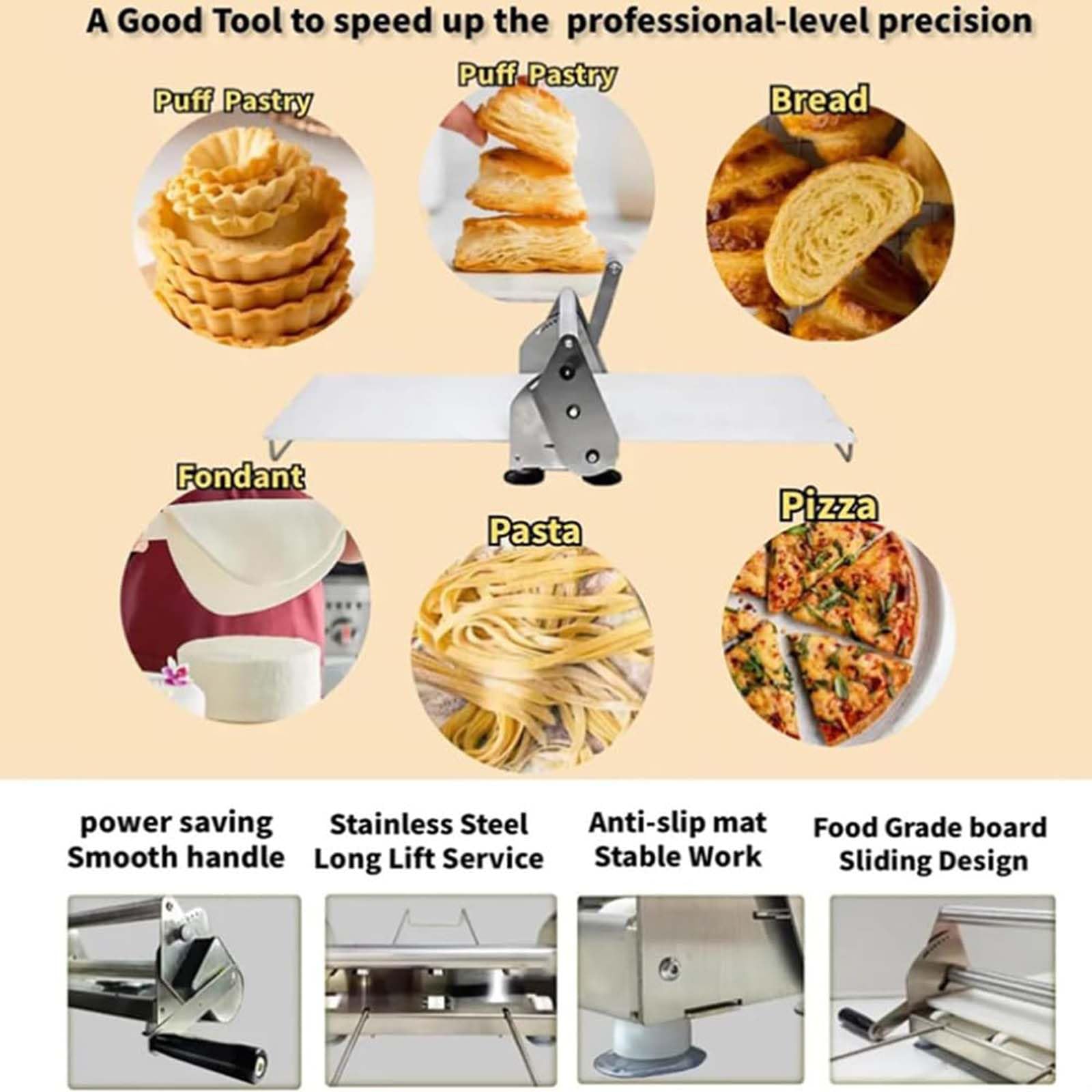 Máquina laminadora de masa plegable manual, rodillo de repostería de acero inoxidable con grosor ajustable, para panadería, pizza, croissant, uso doméstico y comercial