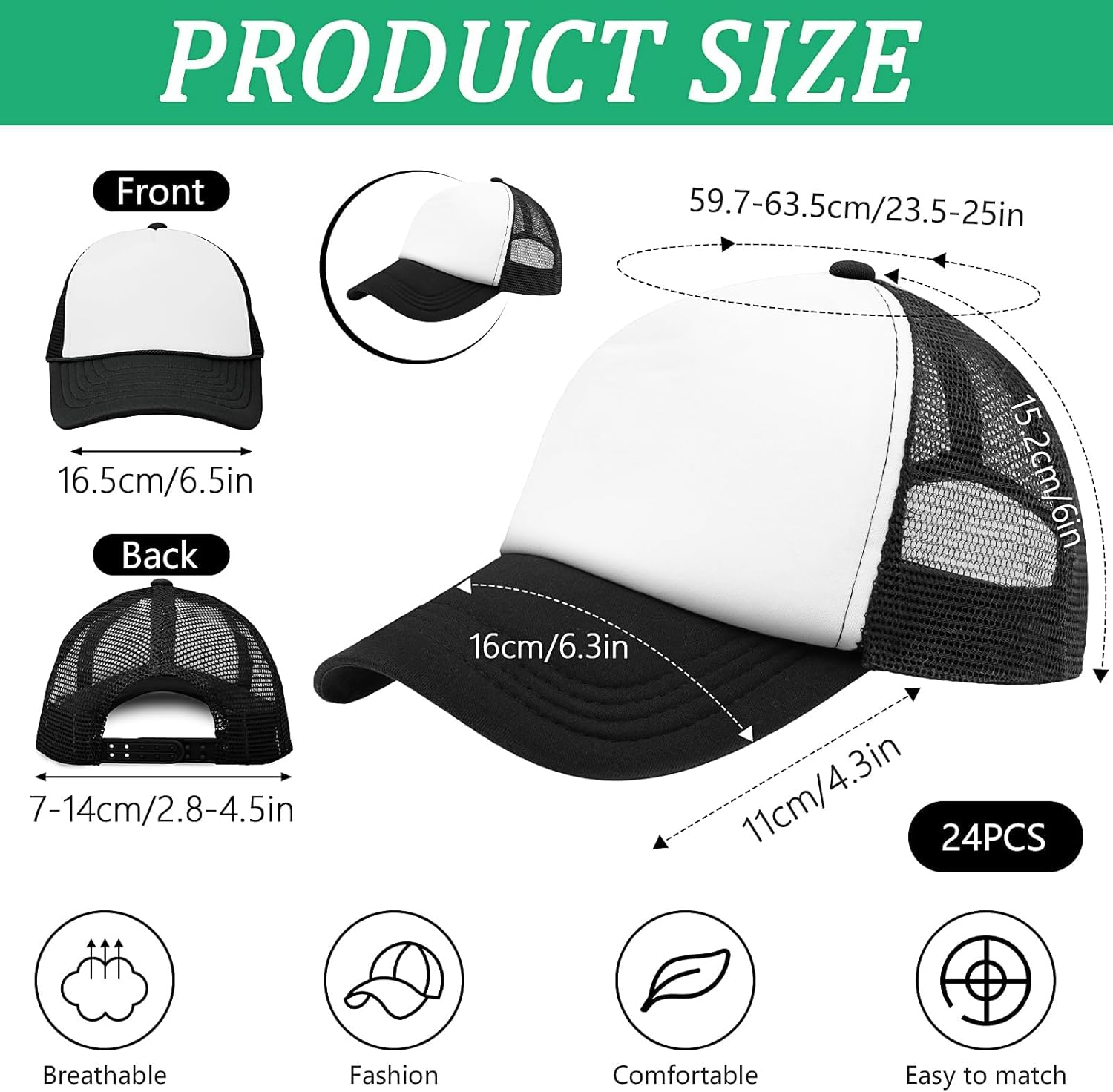 24 Pack Kids DIY Trucker Hats Bulk,Summer Mesh Baseball Cap,Blank Sublimation Trucker Cap for Child Sports Summer Camp (Black and White)