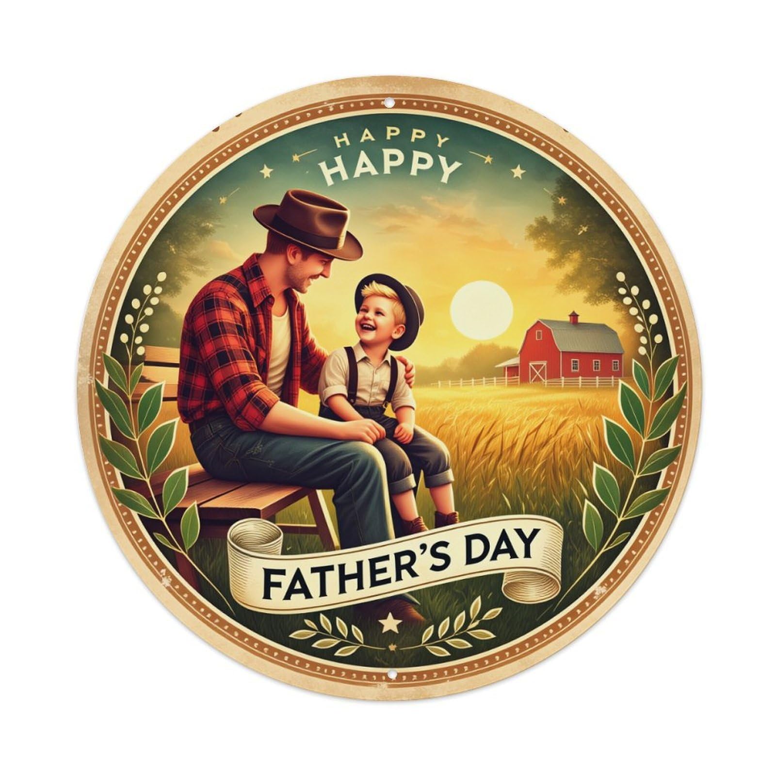 Father And Son Farm Scene Round Tin Sign Vintage Metal Poster, Home Bar Garage Man Cave Cafe Indoor & Outdoor Wall Decoration 8x8Inches