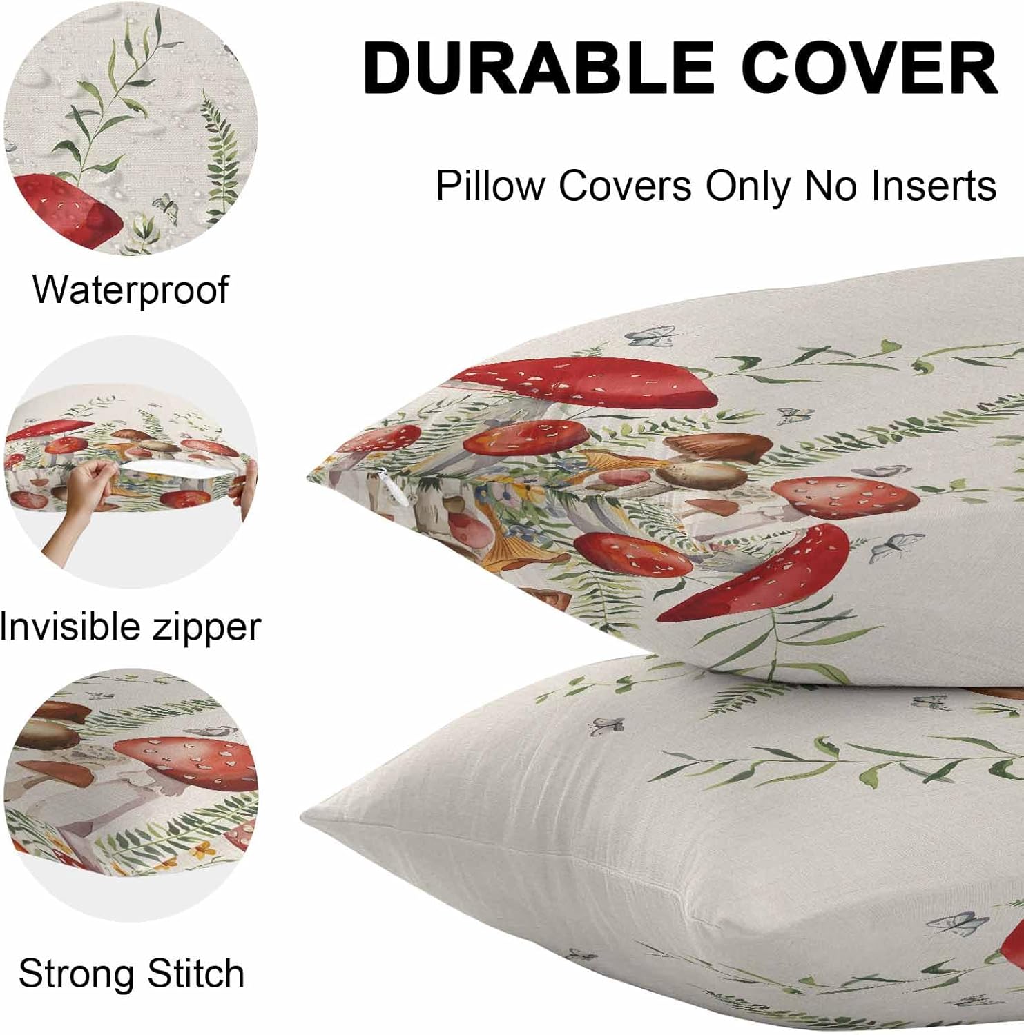 Retro Mushroom Waterproof Outdoor Throw Pillow Covers 26''x26'' Pack 2, Pillow Cases Throw Cushion Cover with Zipper Boho Butterflies Botanical Floral Wildflowers Green Leaves Pillowcase for Sofa