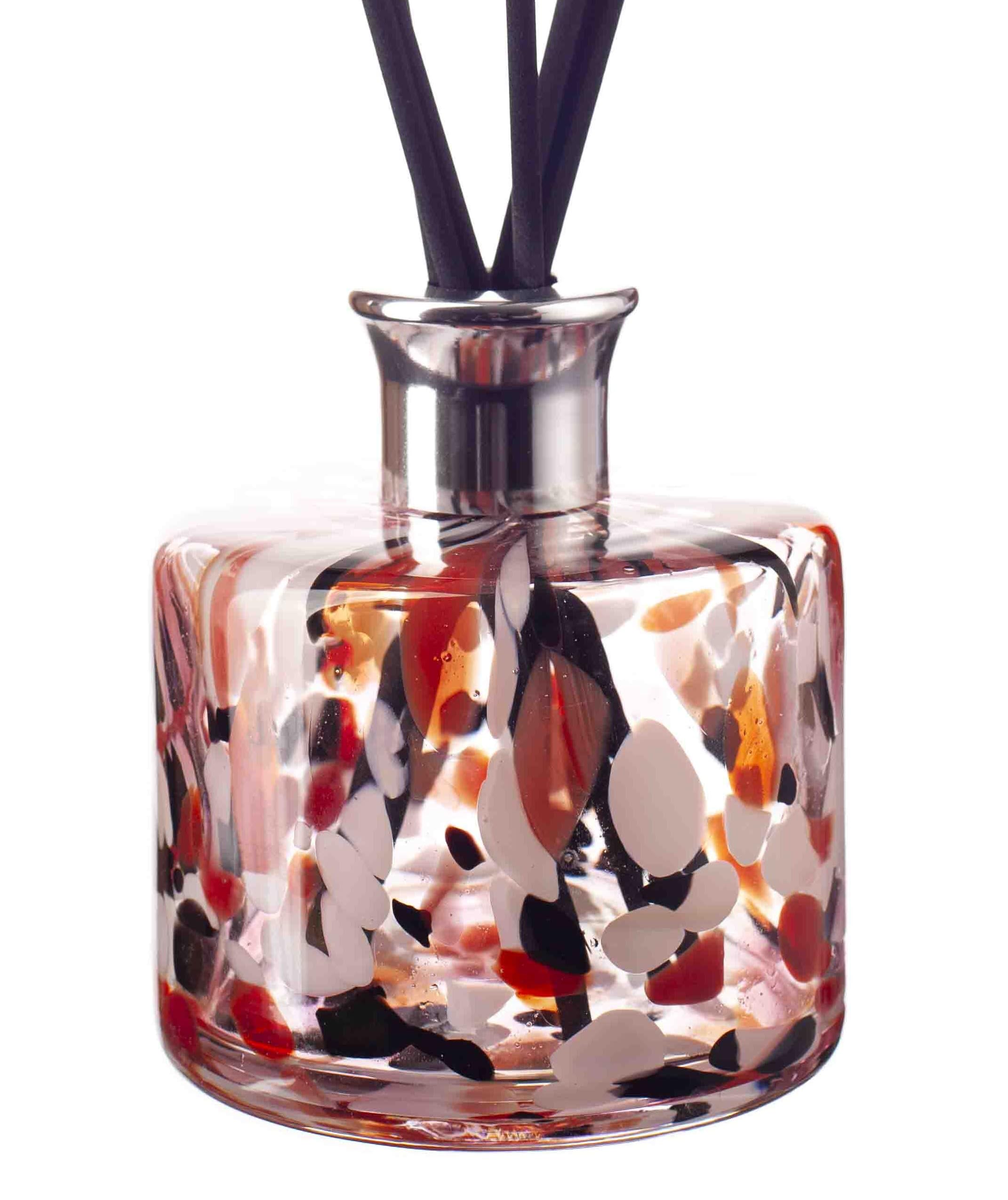 Mouth Blown Glass Reed Diffuser, Cylinder Shape, 11cm Height x 11cm Width Clear, Red, Black & White