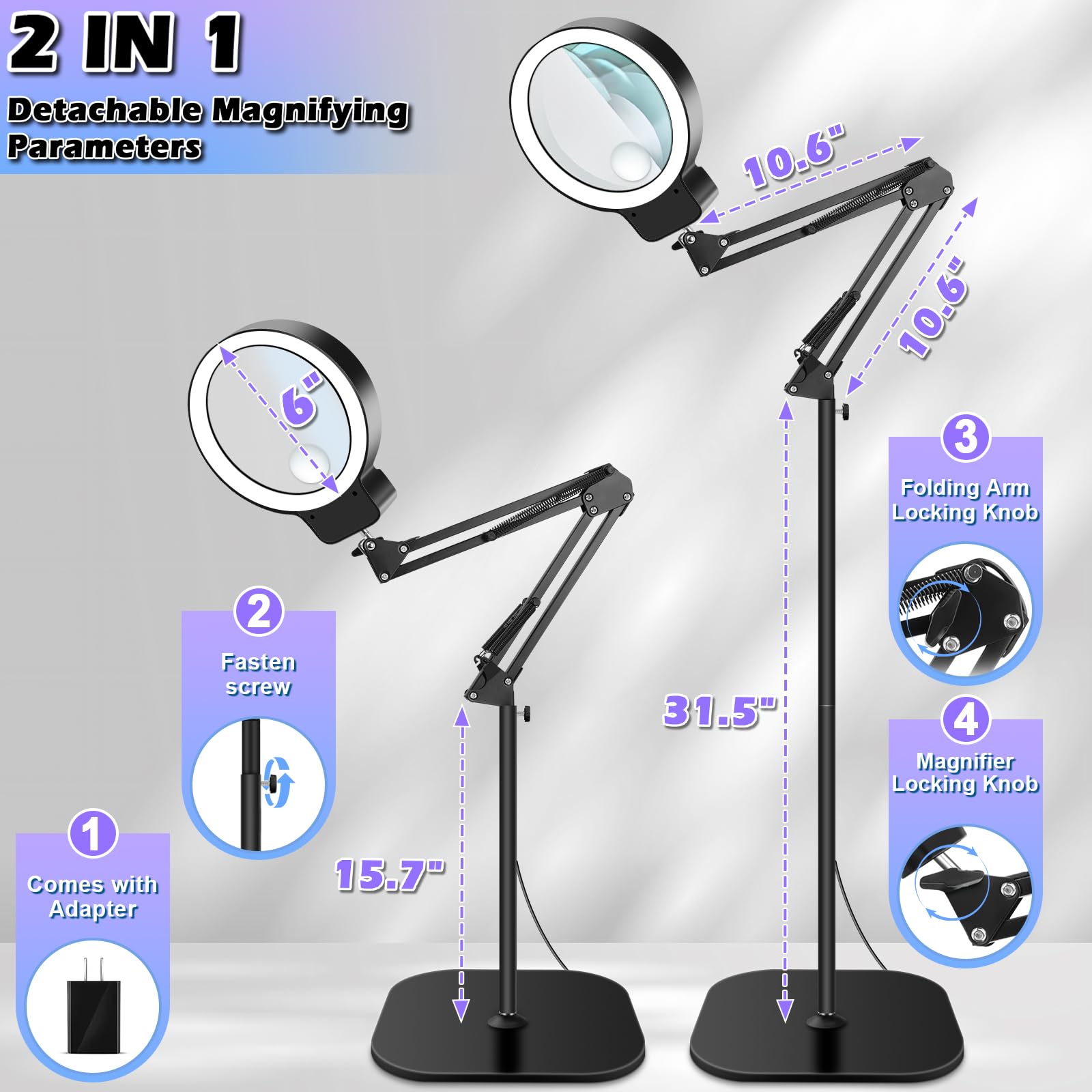 Lupa de suelo grande con luz y soporte, 30X, aumento 10X, 72 LED, altura ajustable, lupa 2 en 1 para trabajos de cerca, costura, manualidades, pasatiempos, lectura
