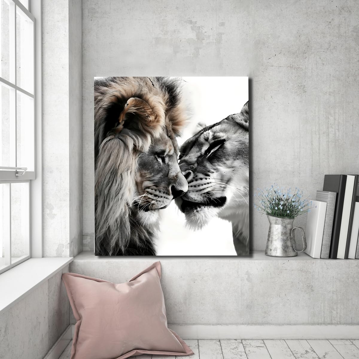 Via Vela Peinture murale de couple Lion Table affiche d’animaux style noir et blanc illustrations de faune fresques modernes pour la décoration de la maison 80x100cm