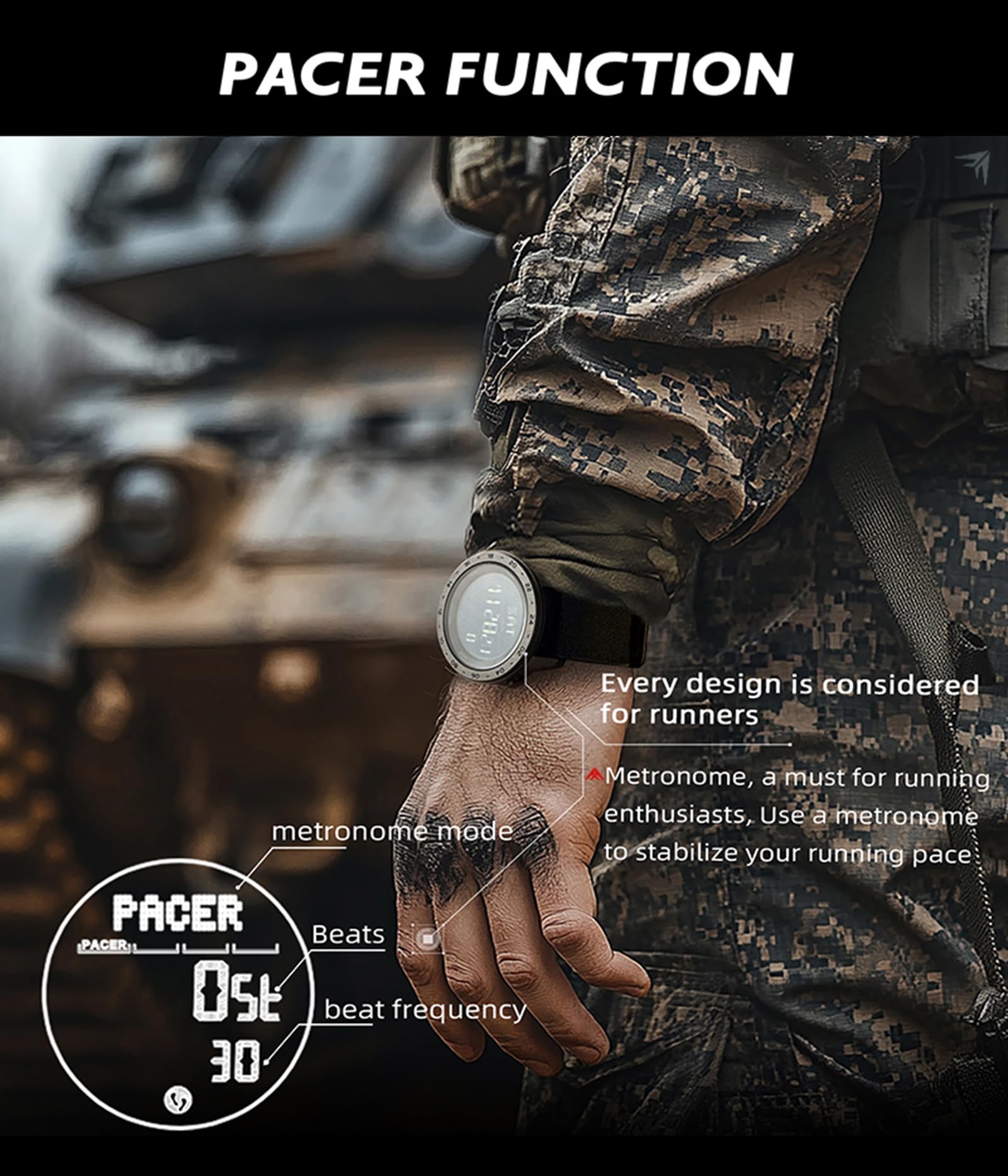 findtime Montre numérique militaire pour homme - Podomètre - Boussole - Vitesse 50 m - Étanche - Montre de sport pour homme - Montre de course pour homme - Éclairage EL - Coutdown - Chronomètre