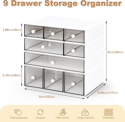 Miniatura 2 de Organizador de escritorio con 9 cajones, cajones de almacenamiento apilables de plástico de 4 niveles para almacenamiento de escritorio, organizador
