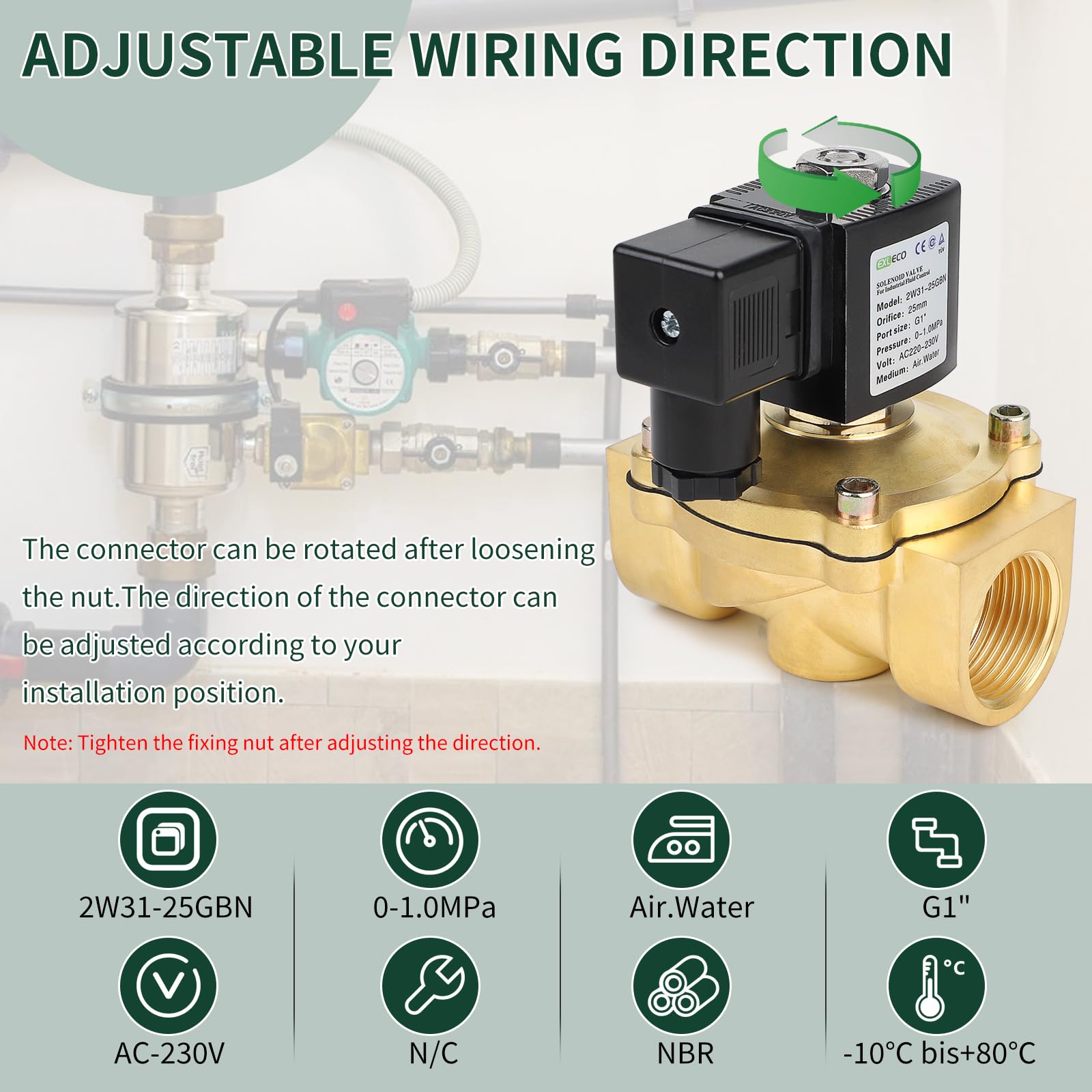 EXLECO Electroválvula de latón G1 de 230 V CA, válvula electromagnética de latón, válvula magnética eléctrica DN20 0-10 bar, entrada de agua, válvulas de distribución de agua, NC, válvula solenoide de