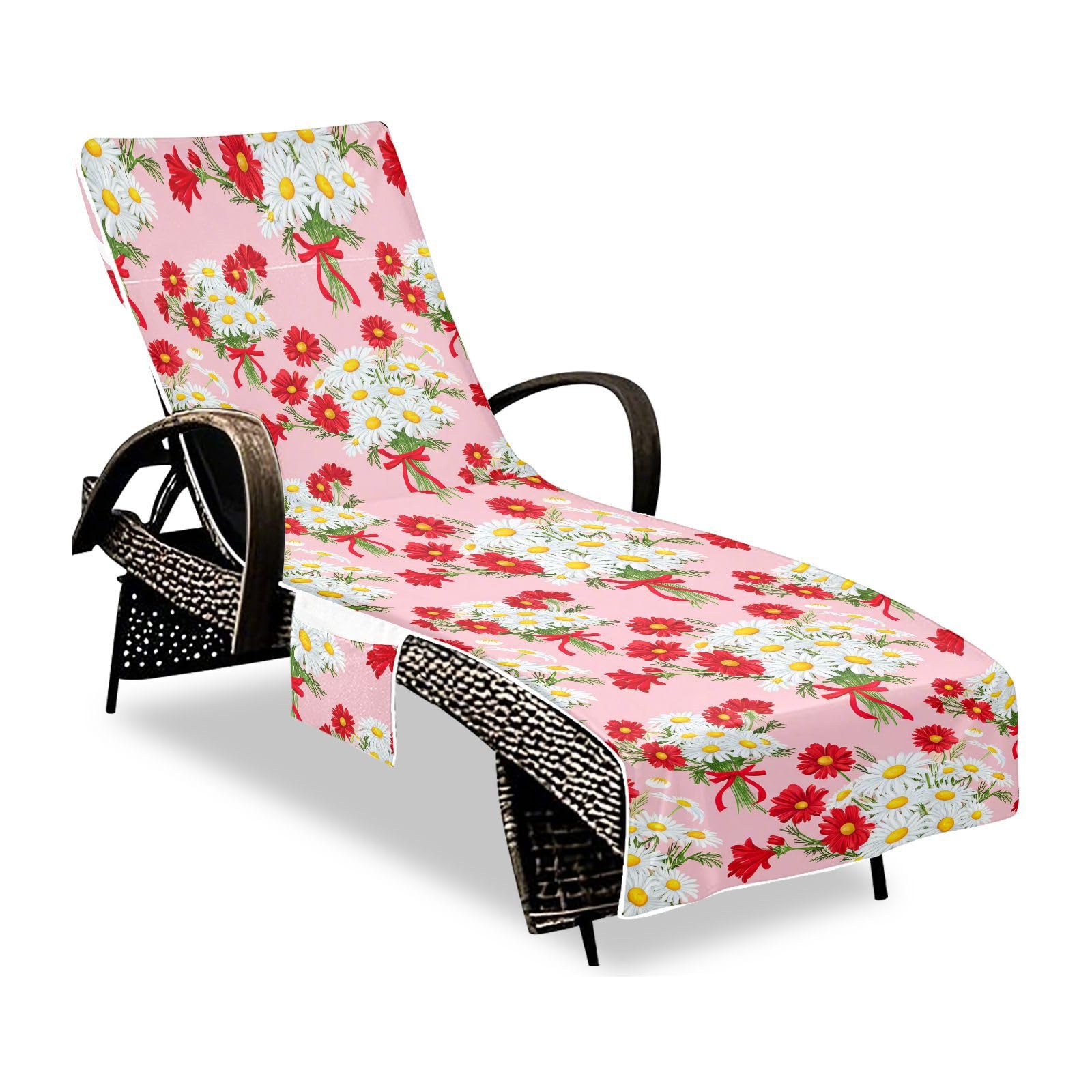 BOESI Doodle Daisy Bouquet Beach Chair Towel, Outdoor Pool Chair Cover, with Pockets, Suitable for Outdoor Beach Garden Sunbathing, 85'' x 30''